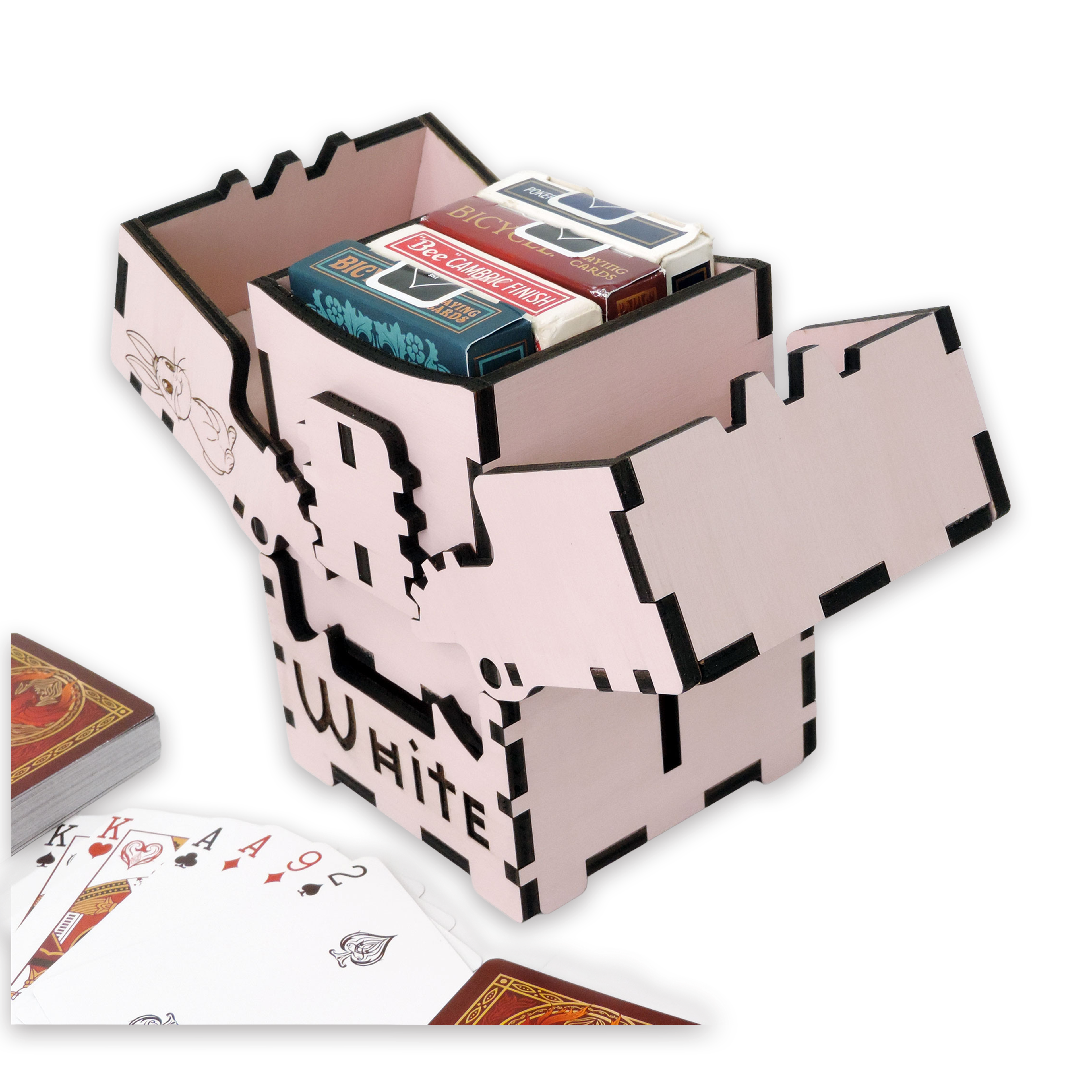 Laser-cut white rabbit box, pink-painted birch plywood — small (3.5 × 5 in)