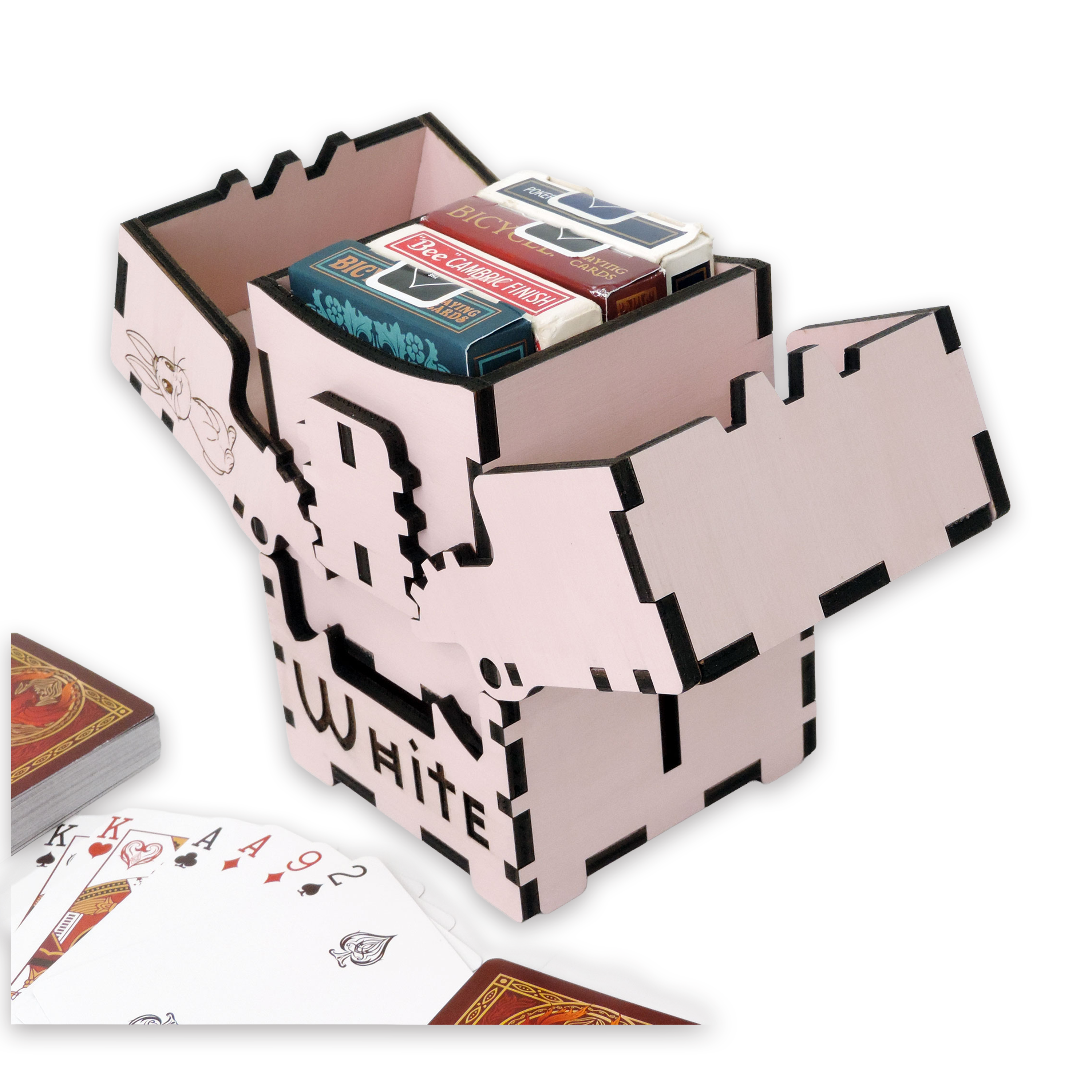 Laser-cut white rabbit box, pink-painted birch plywood — small (3.5 × 5 in)