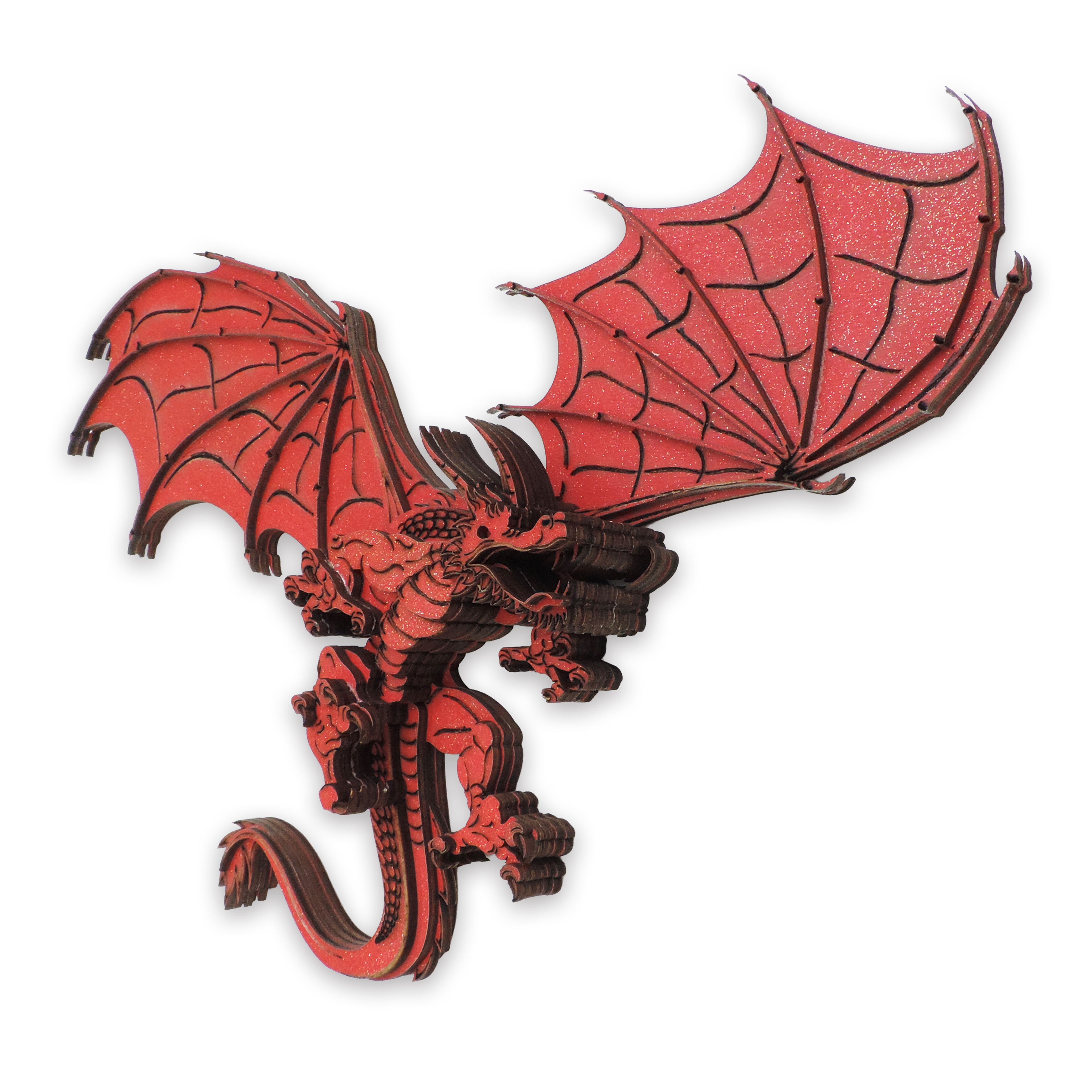 Multilayer 3D laser-cut red dragon wall art, Baltic Birch Plywood — red gold (15 × 10 in)
