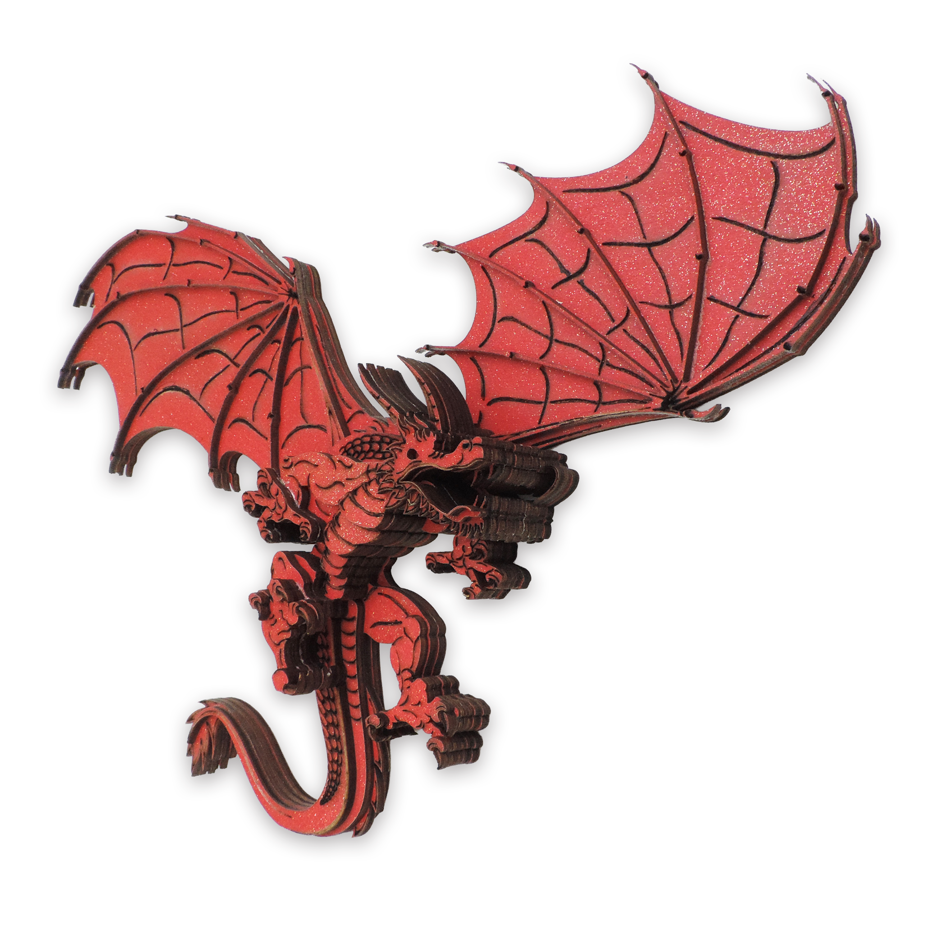 Multilayer 3D laser-cut red dragon wall art, Baltic Birch Plywood — red gold (15 × 10 in)