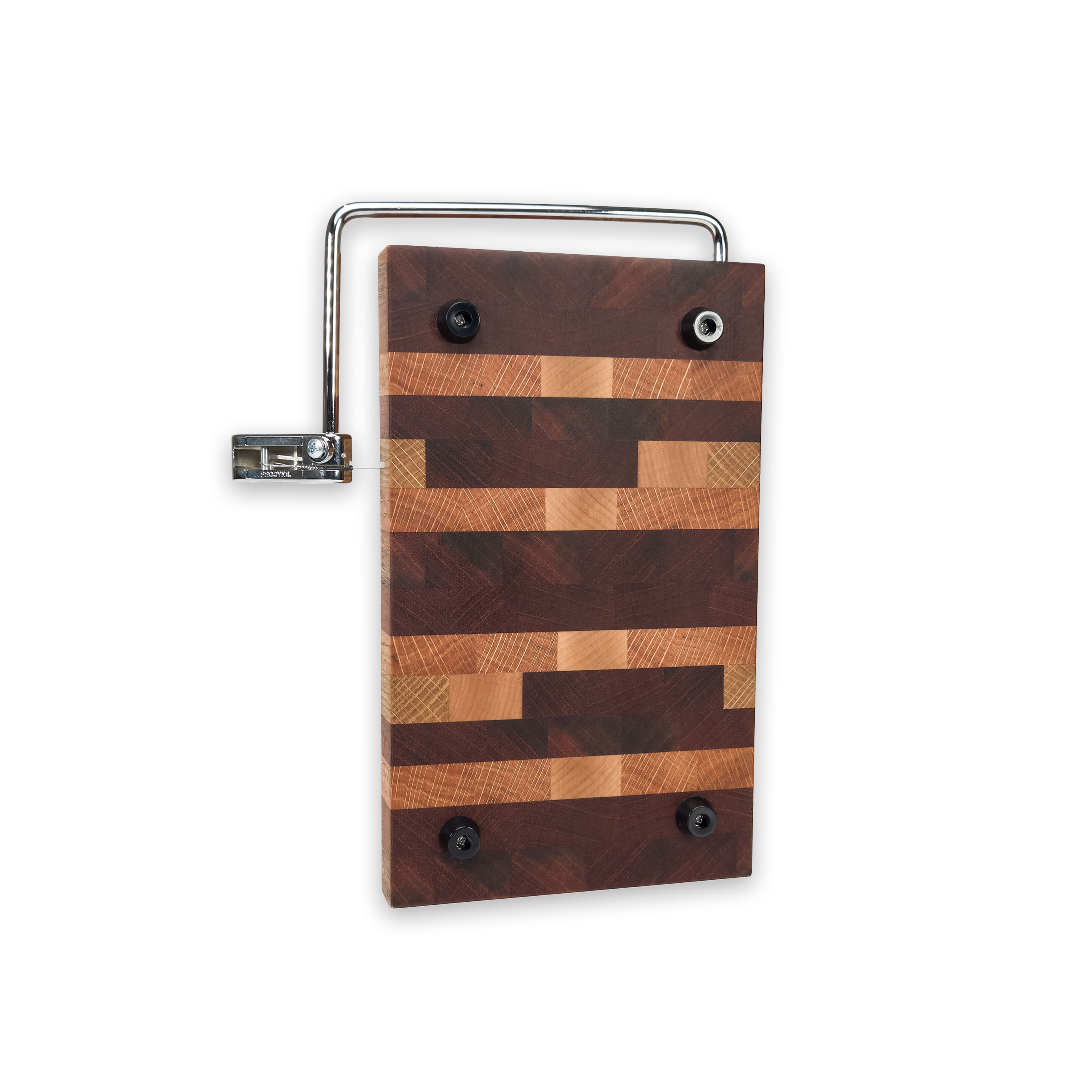 End grain oak, cherry & walnut cheese slicer board with wire cutter, oiled hardwood
