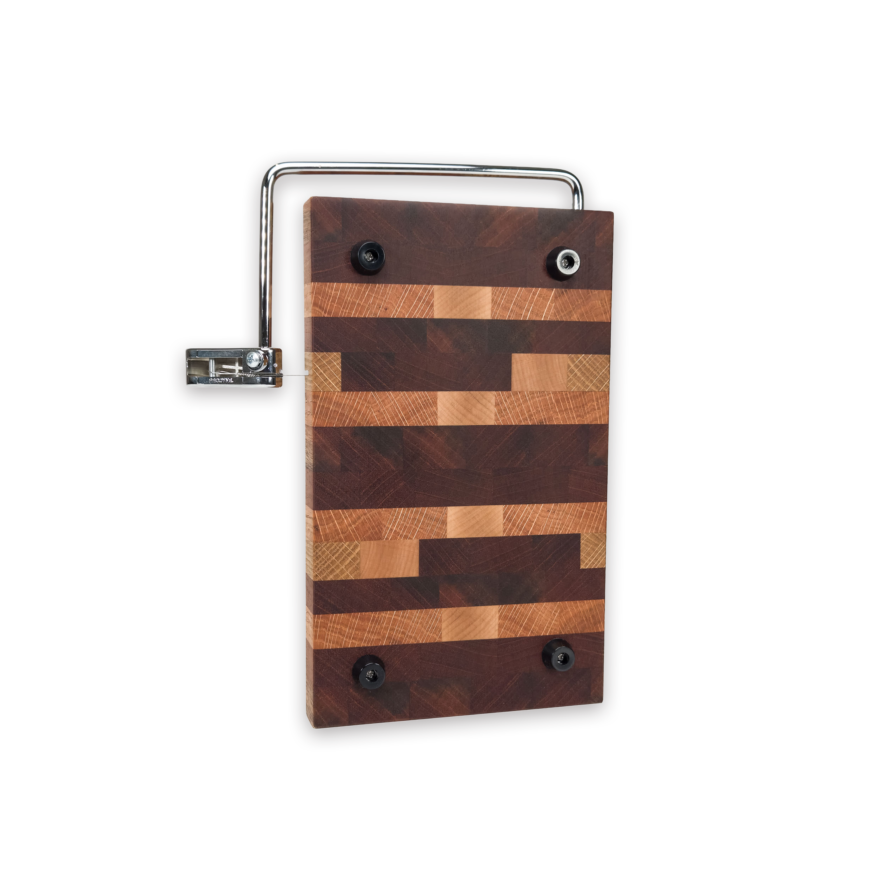 End grain oak, cherry & walnut cheese slicer board with wire cutter, oiled hardwood