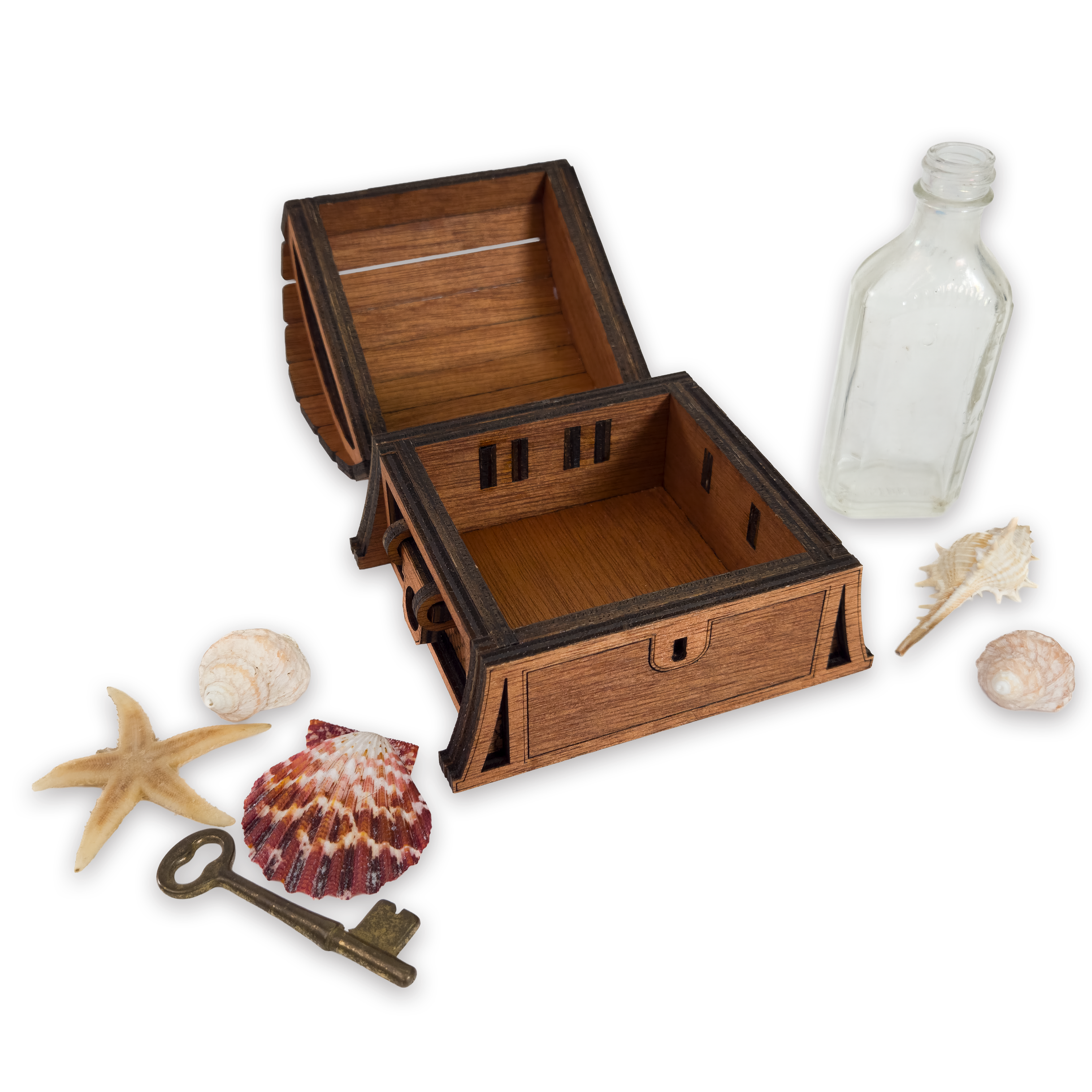 Laser-cut fantasy treasure chest, cherry-finished birch plywood
