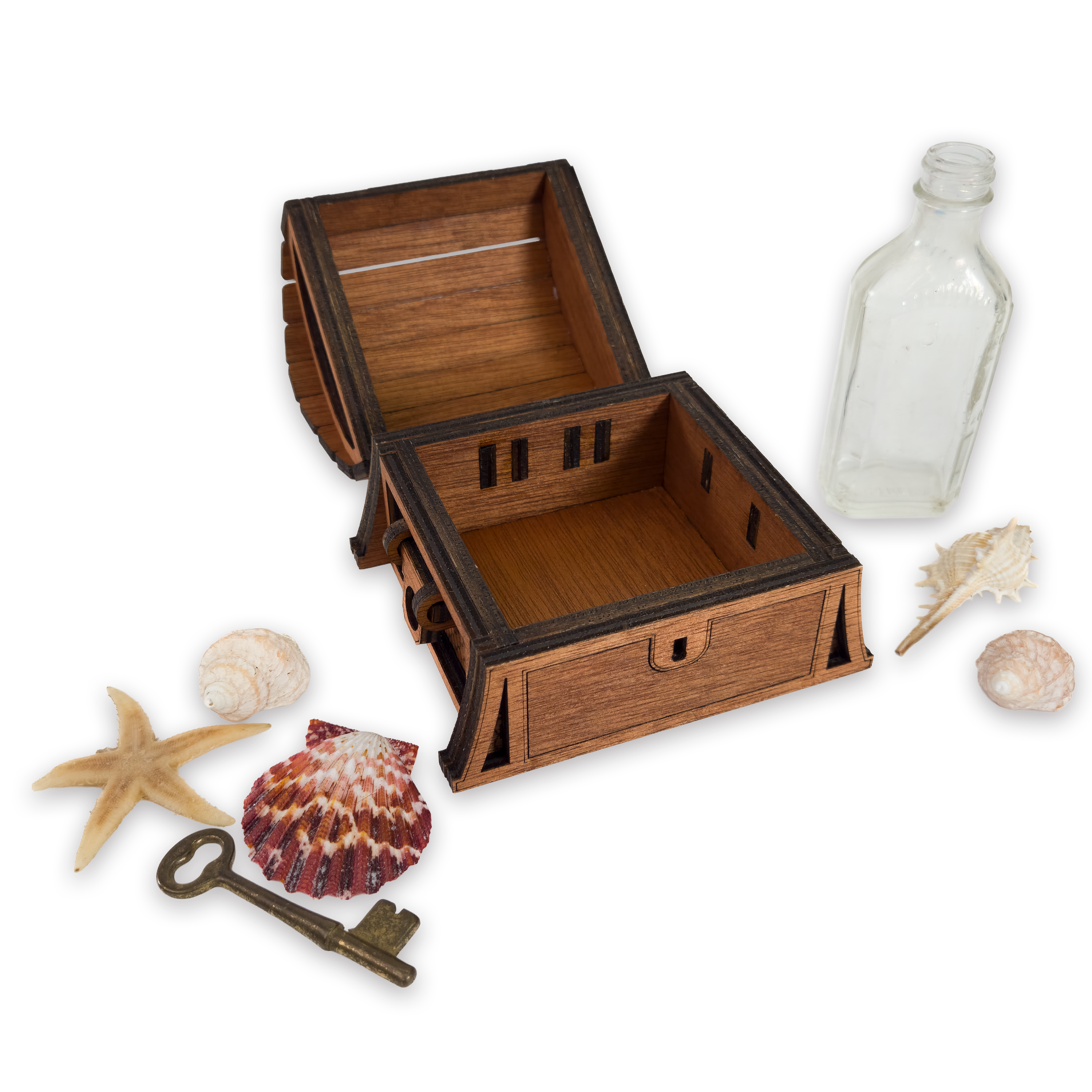Laser-cut fantasy treasure chest, cherry-finished birch plywood