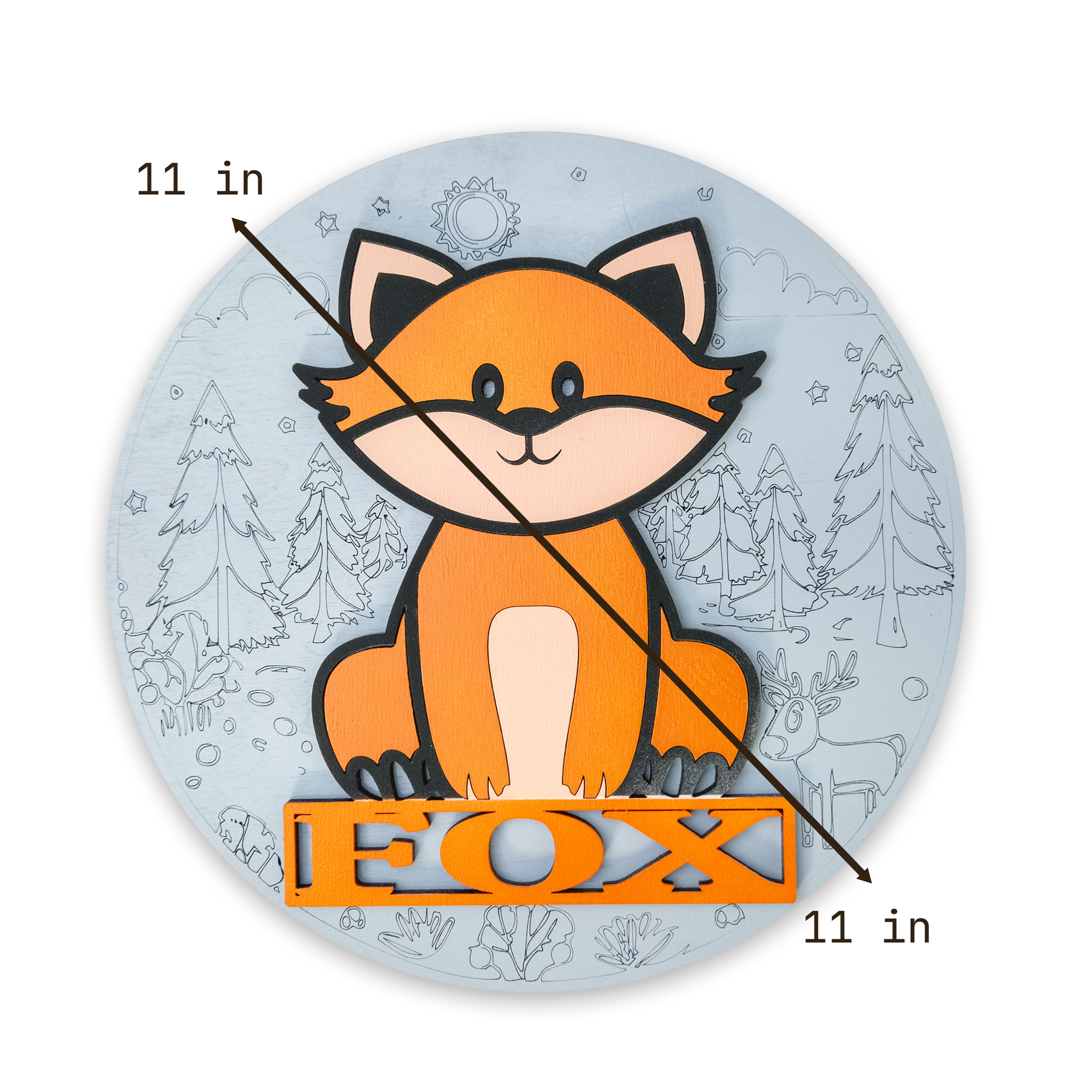 Multilayer 3D laser-cut fox name sign wall art, Baltic Birch Plywood