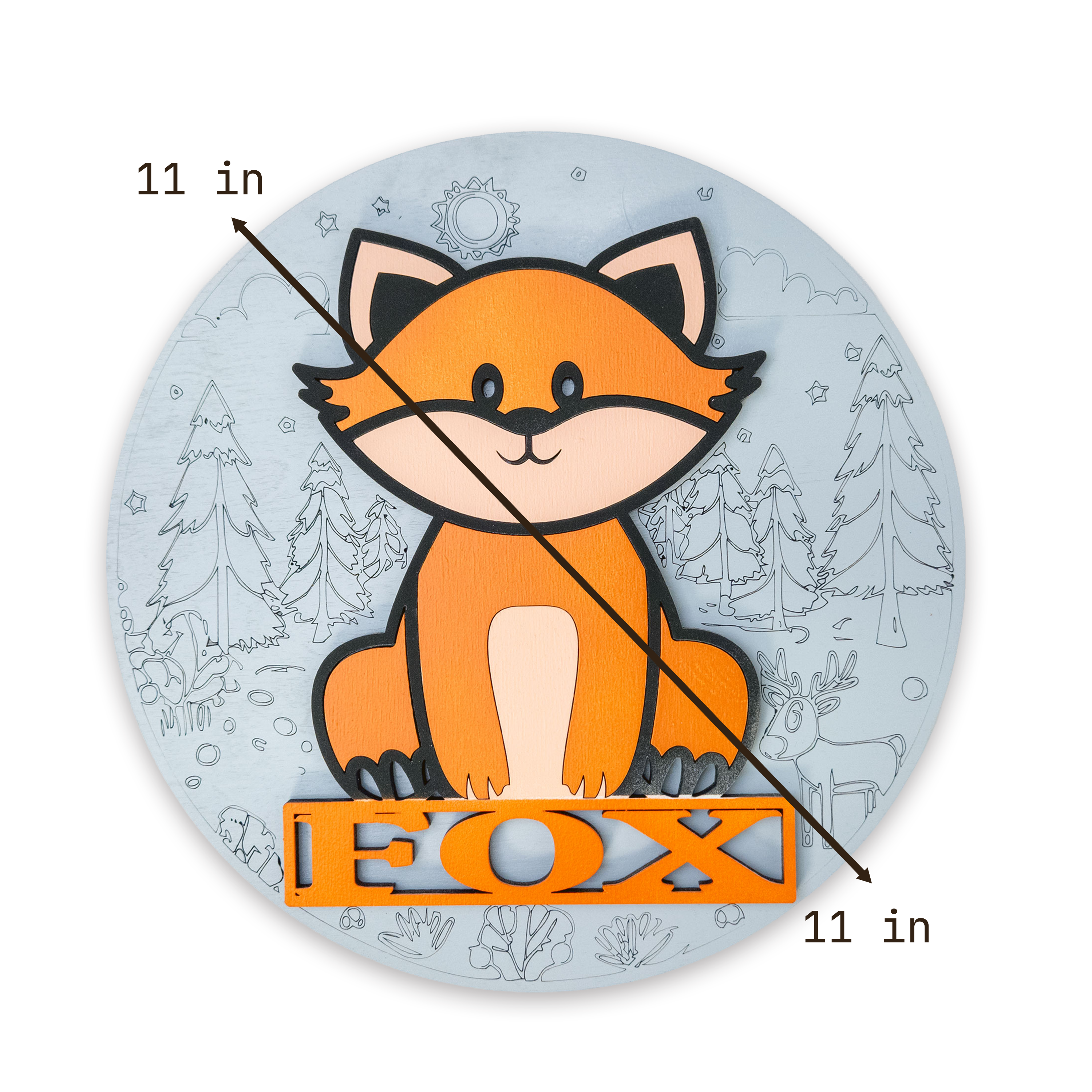 Multilayer 3D laser-cut fox name sign wall art, Baltic Birch Plywood
