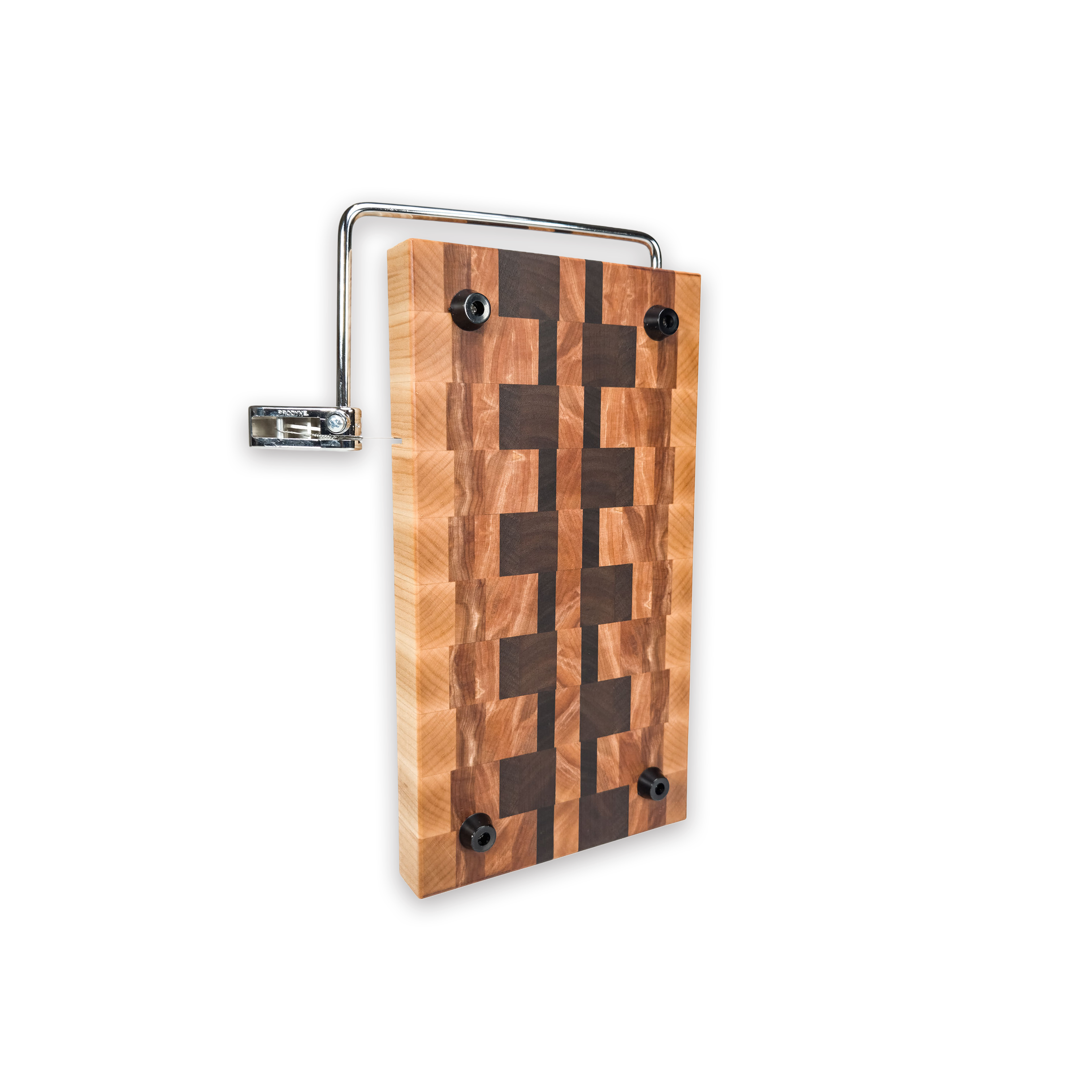 End grain maple, walnut & hickory cheese slicer board with wire cutter, oiled hardwood