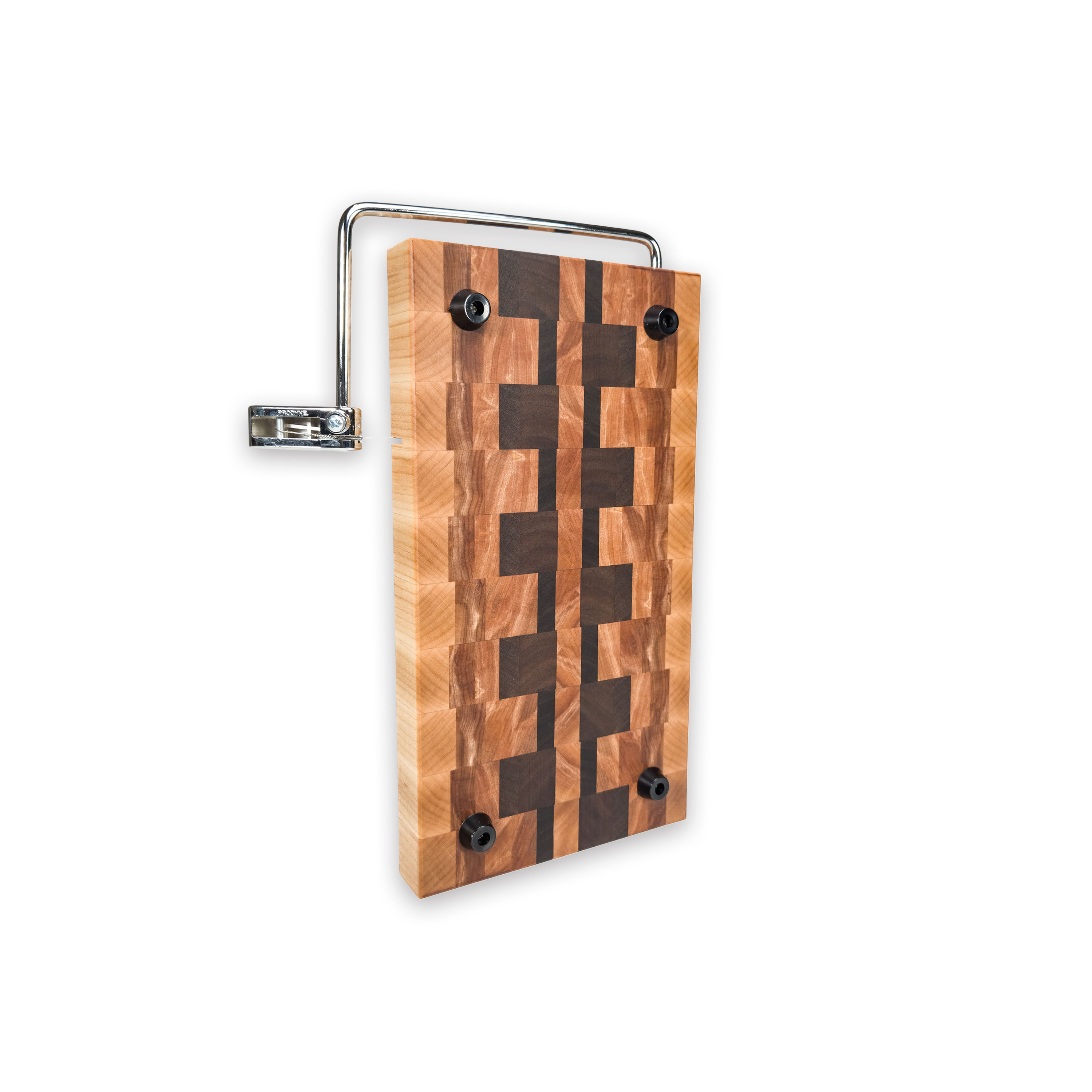 End grain maple, walnut & hickory cheese slicer board with wire cutter, oiled hardwood