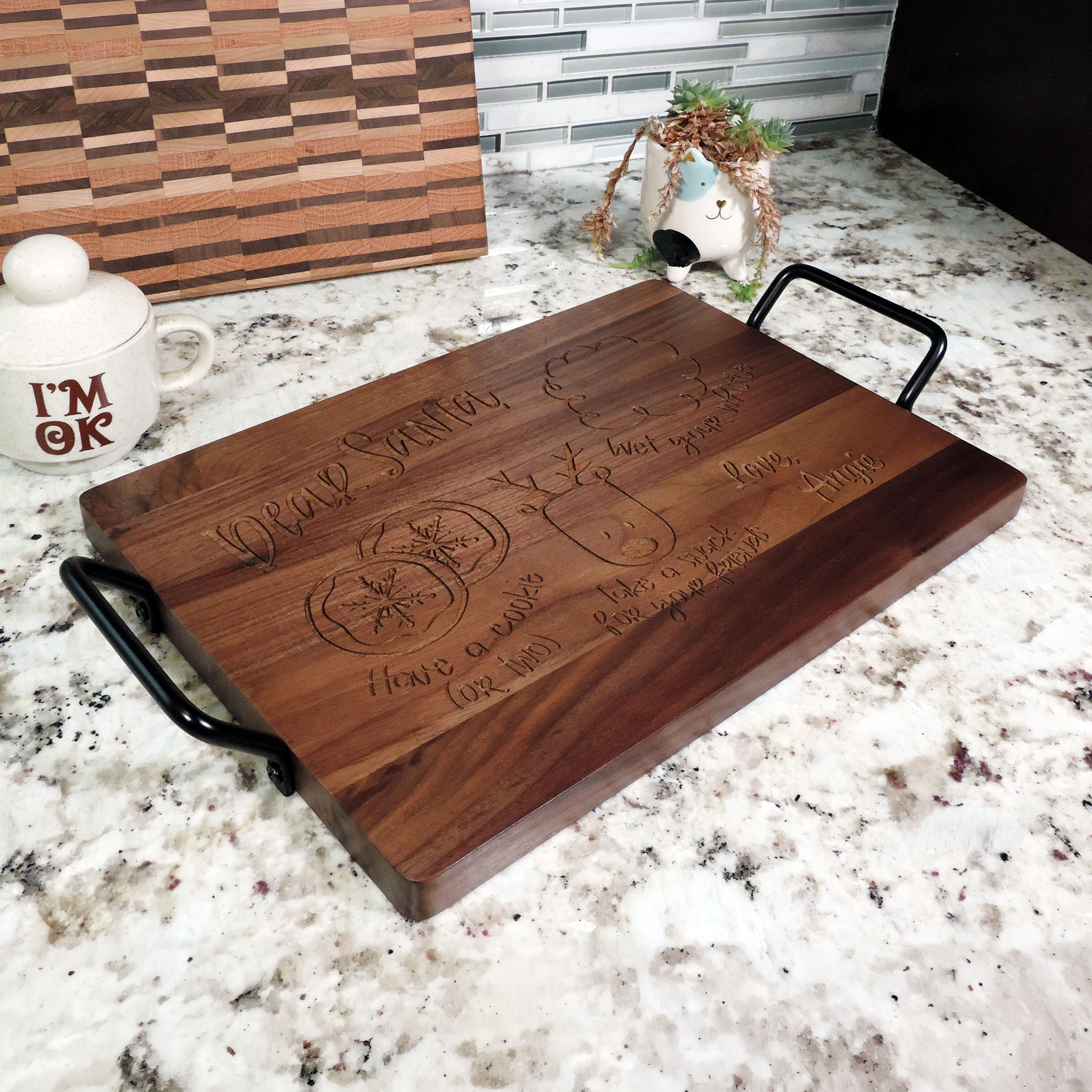 Custom engraved Santa serving tray, walnut