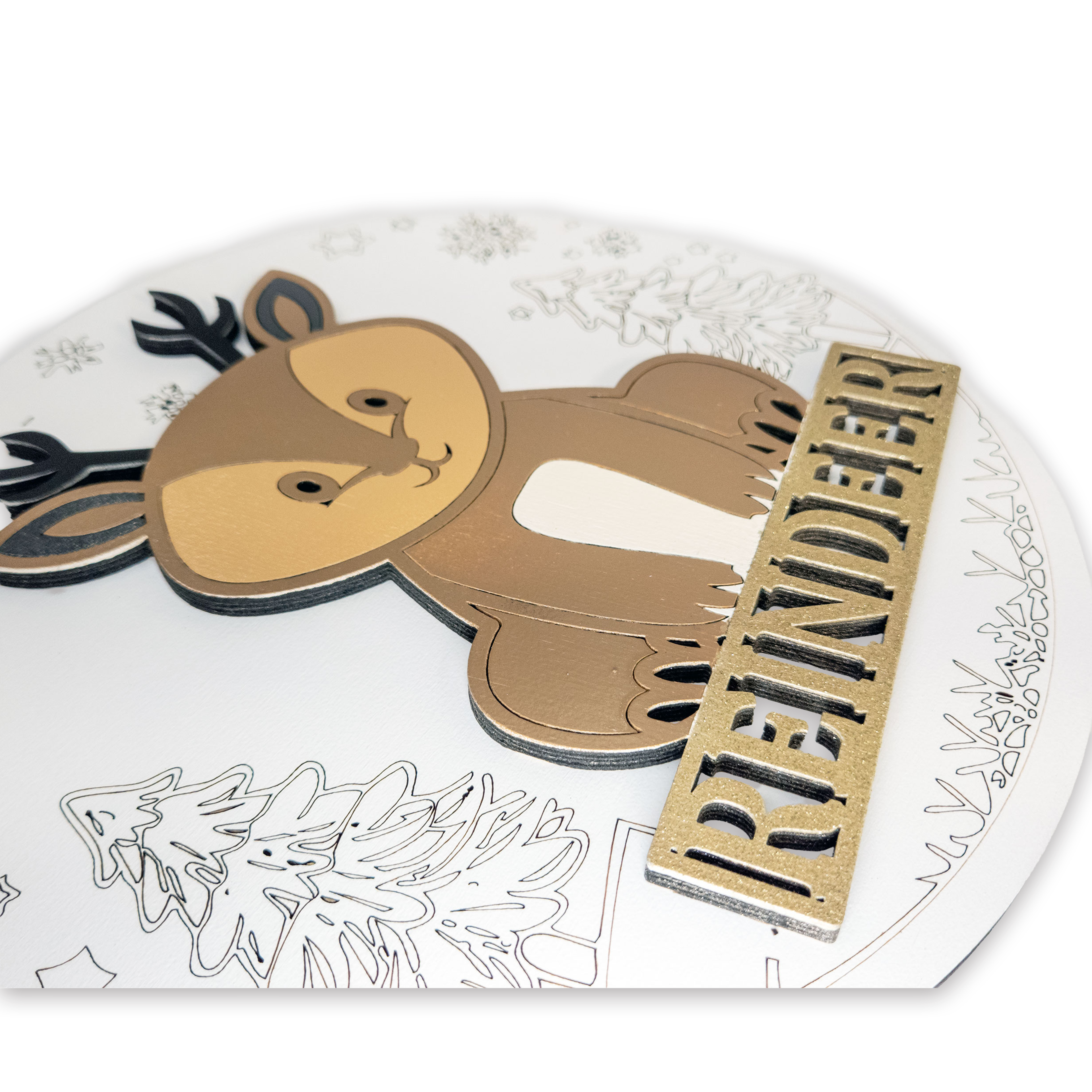 Multilayer 3D laser-cut reindeer name sign wall art, Baltic Birch Plywood