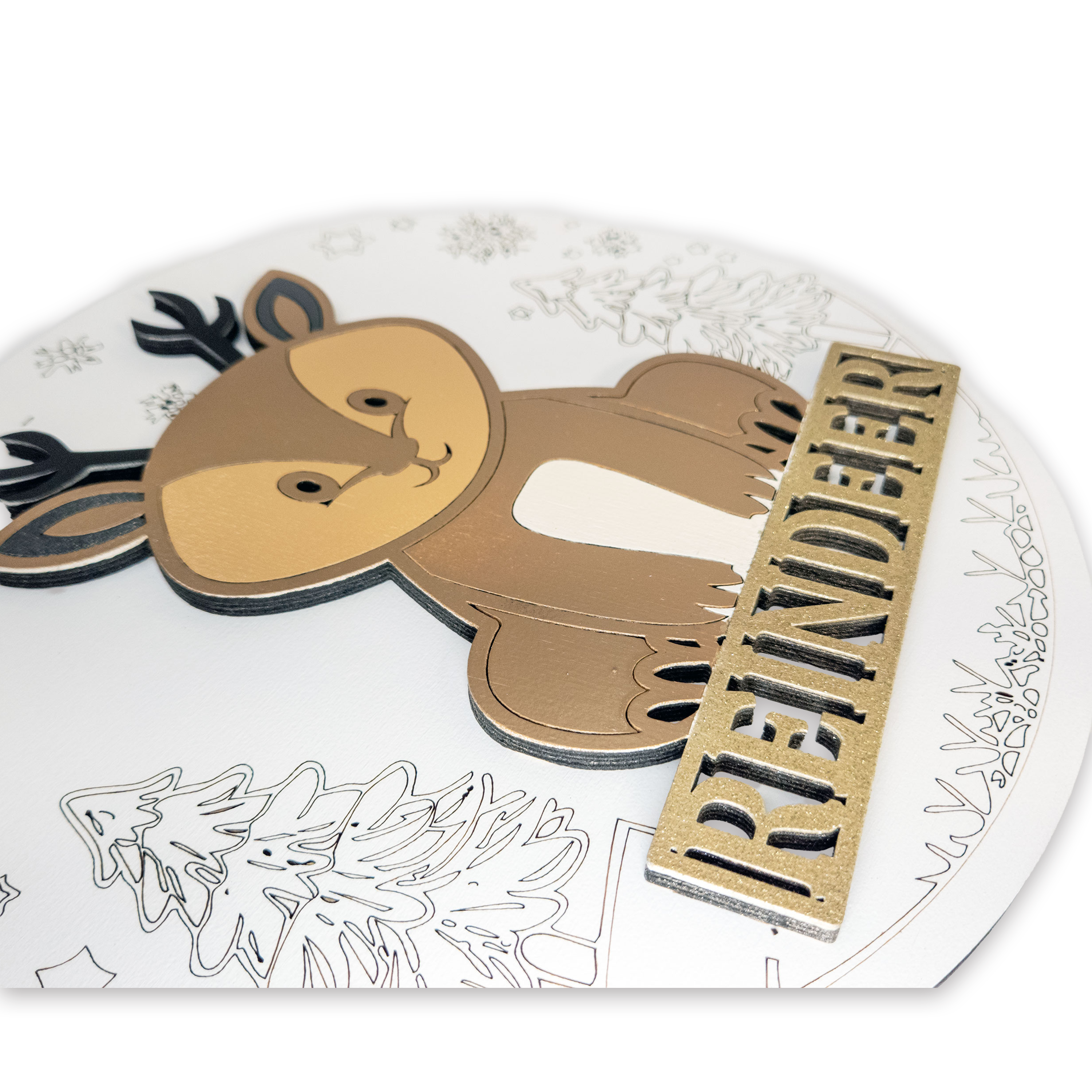 Multilayer 3D laser-cut reindeer name sign wall art, Baltic Birch Plywood