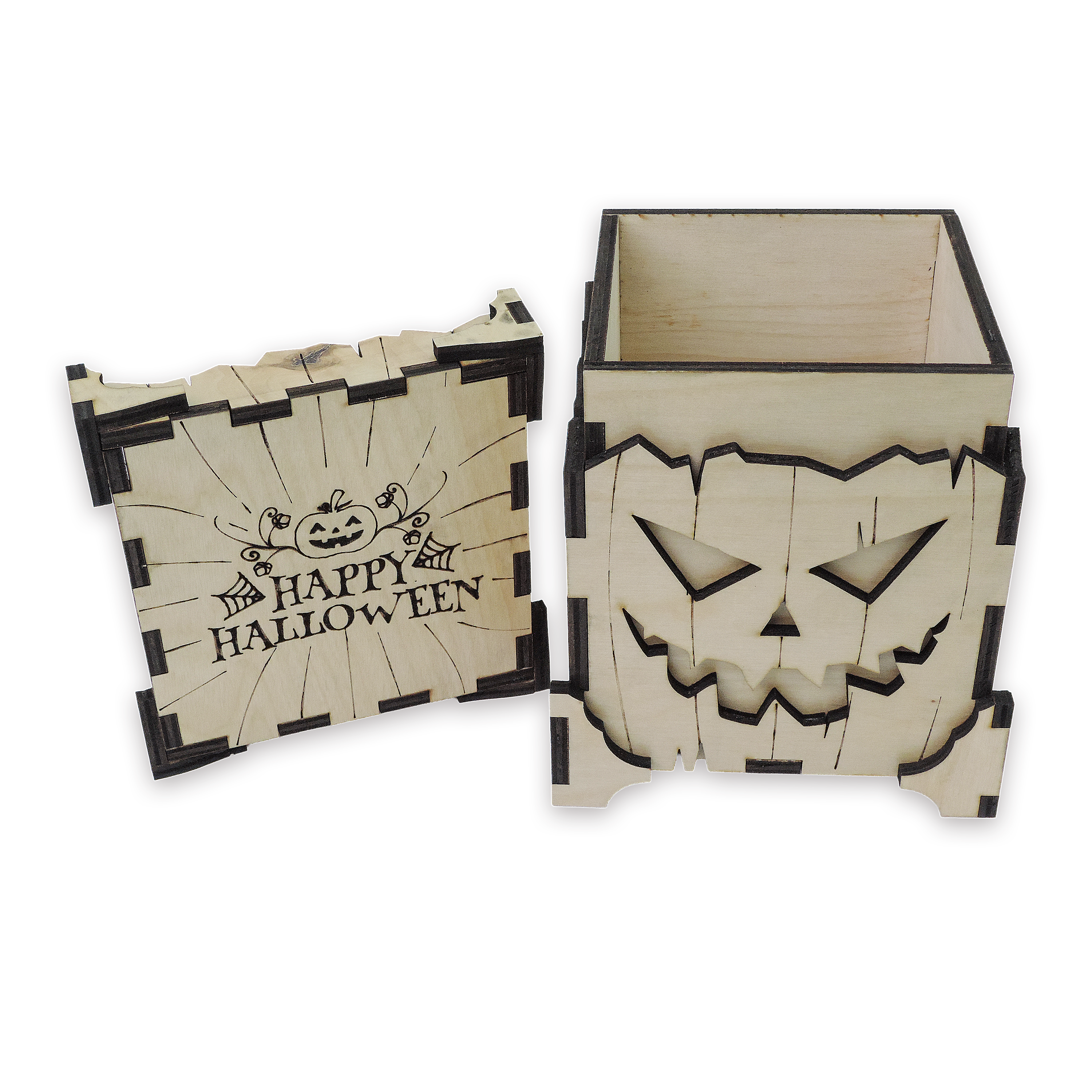 Laser-cut pumpkin candy holder, ¼ in cabinet-grade plywood