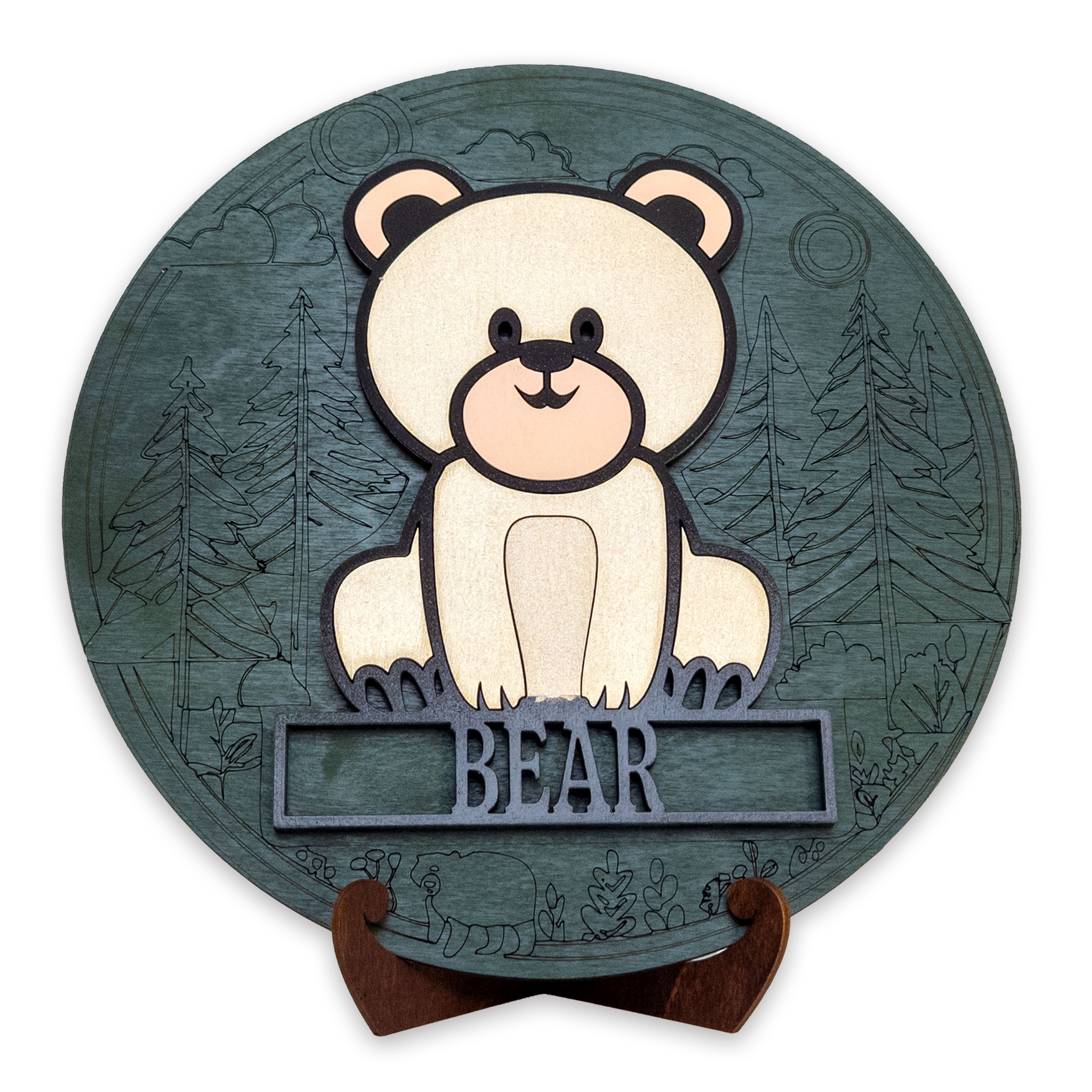 Multilayer 3D laser-cut baby bear name sign wall art, Baltic Birch Plywood