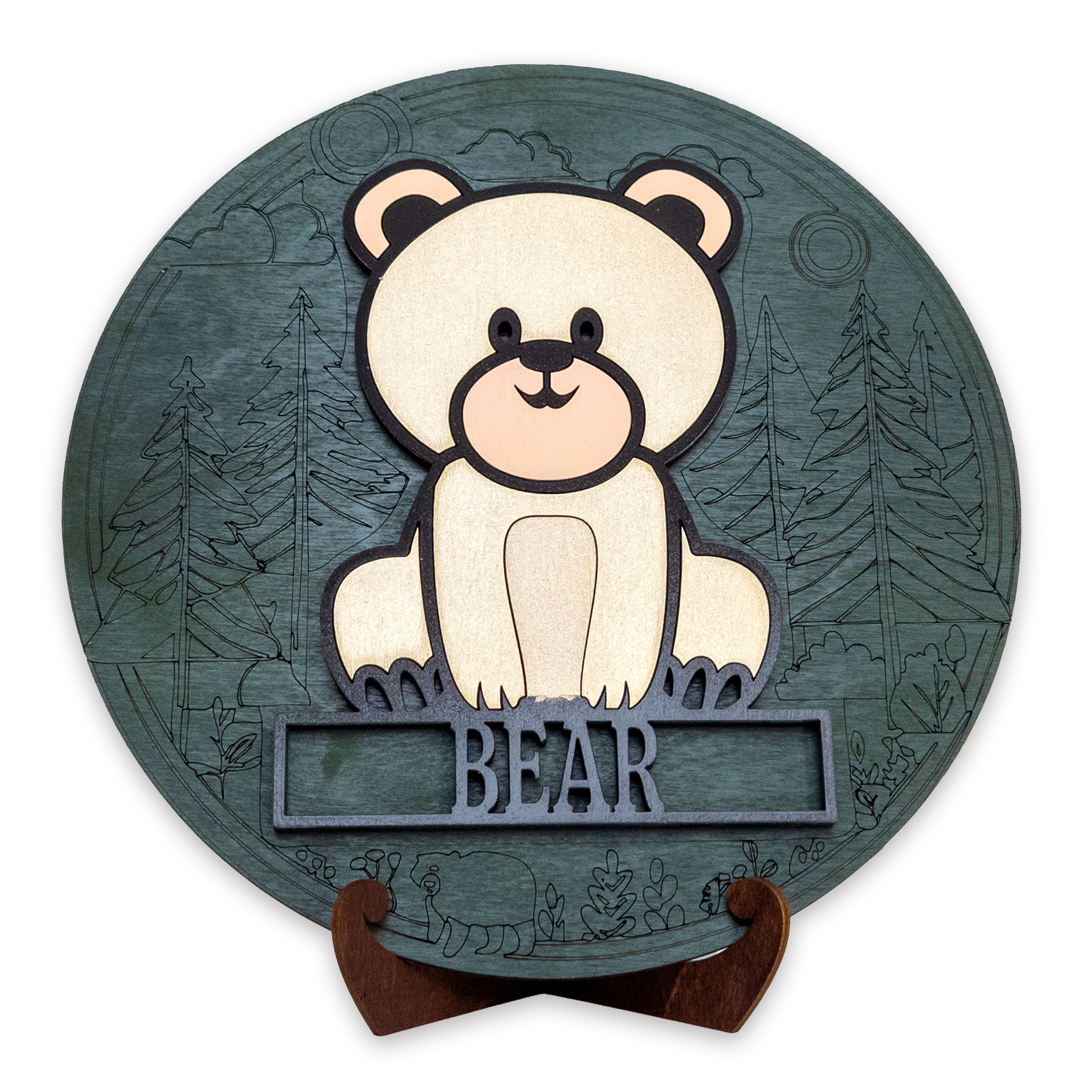 Multilayer 3D laser-cut baby bear name sign wall art, Baltic Birch Plywood