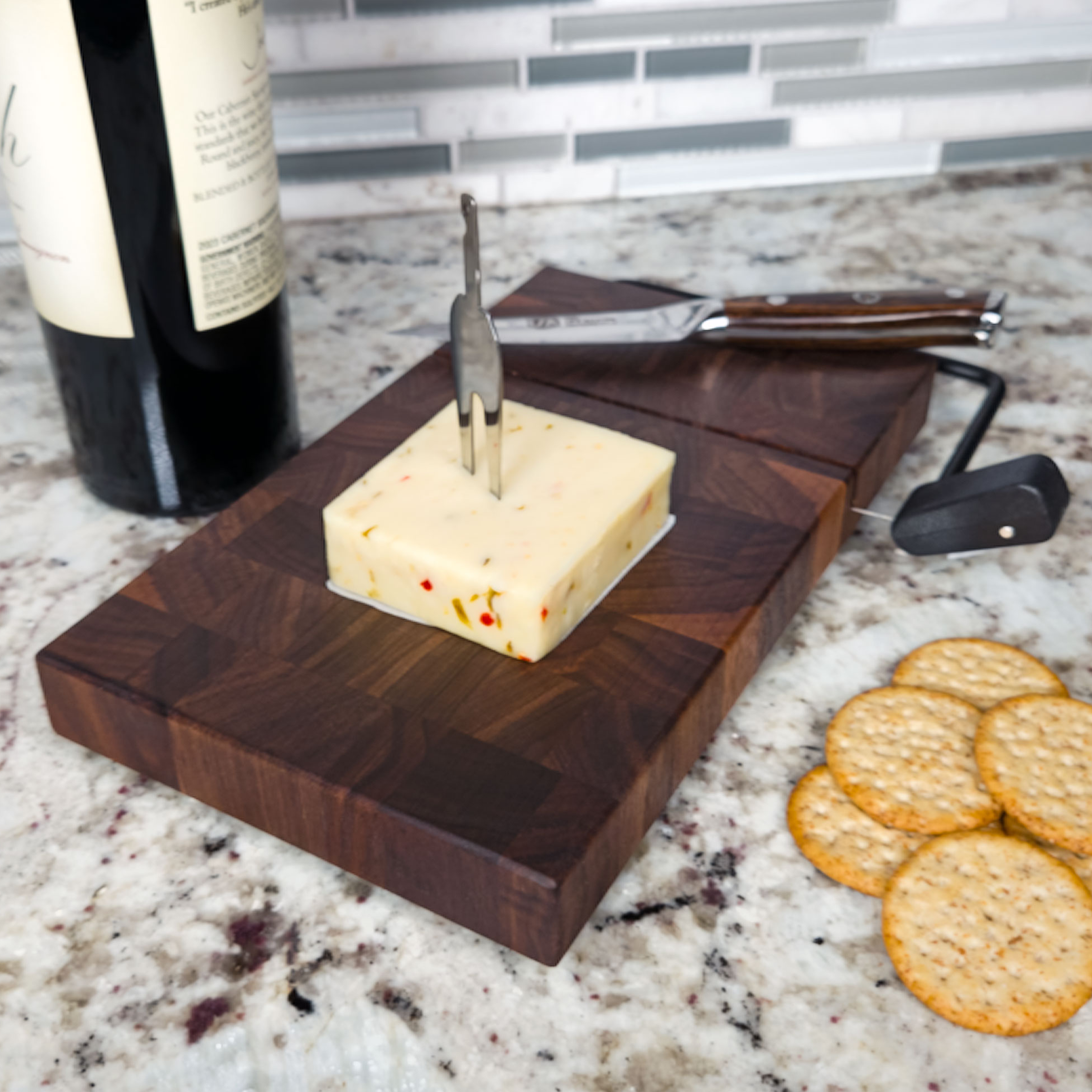 End grain solid walnut cheese slicer board with wire cutter, oiled hardwood