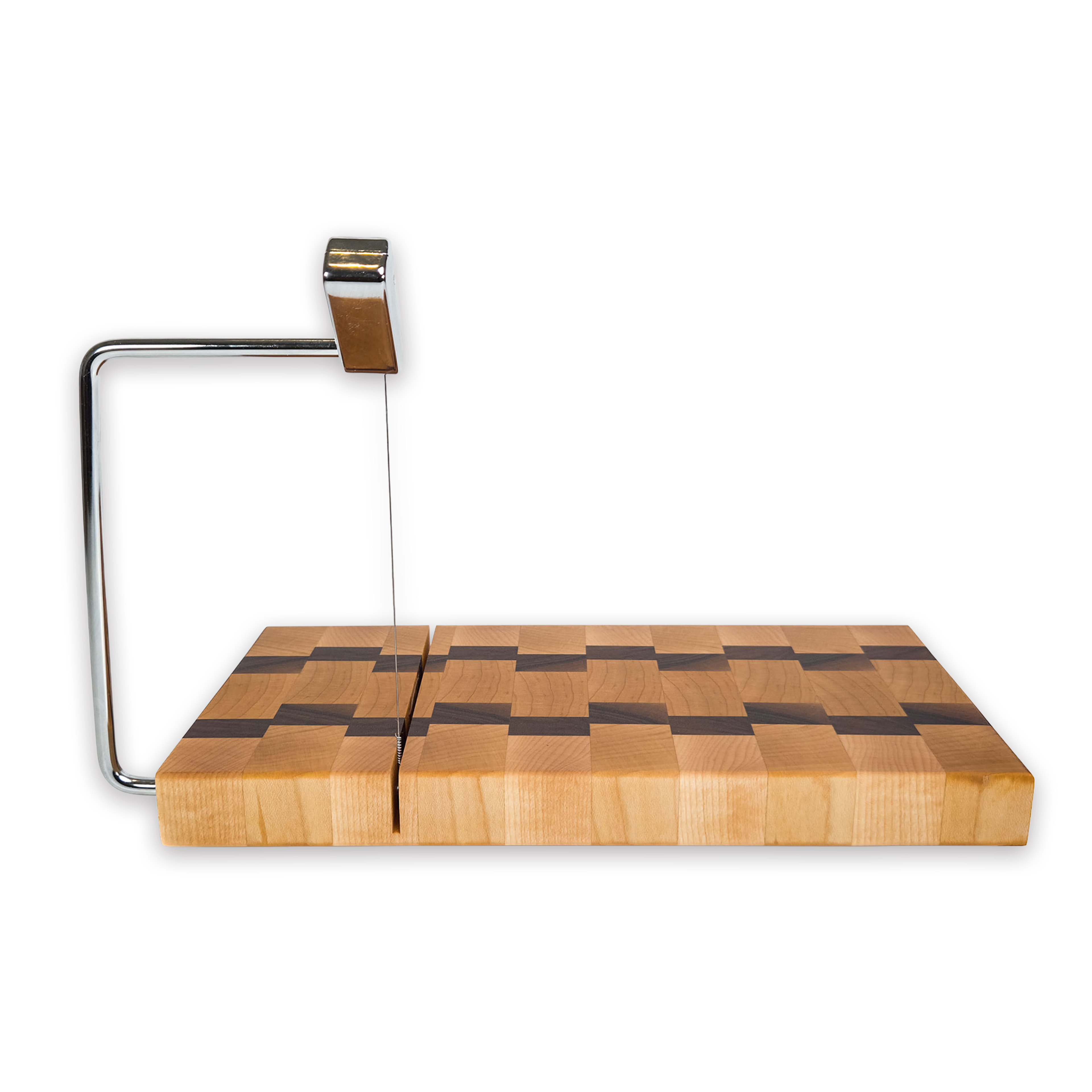 End grain maple & walnut cheese slicer board with wire cutter, oiled hardwood