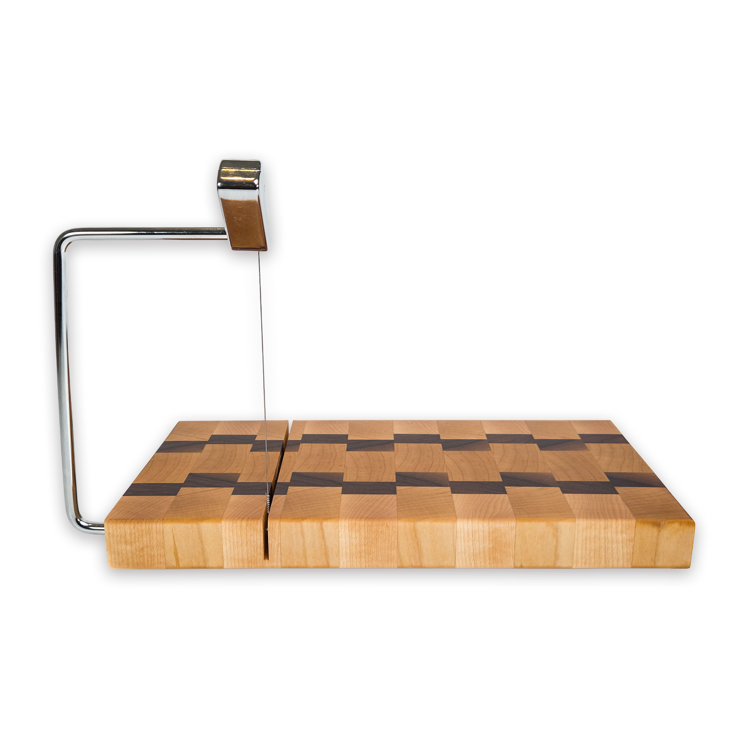 End grain maple & walnut cheese slicer board with wire cutter, oiled hardwood