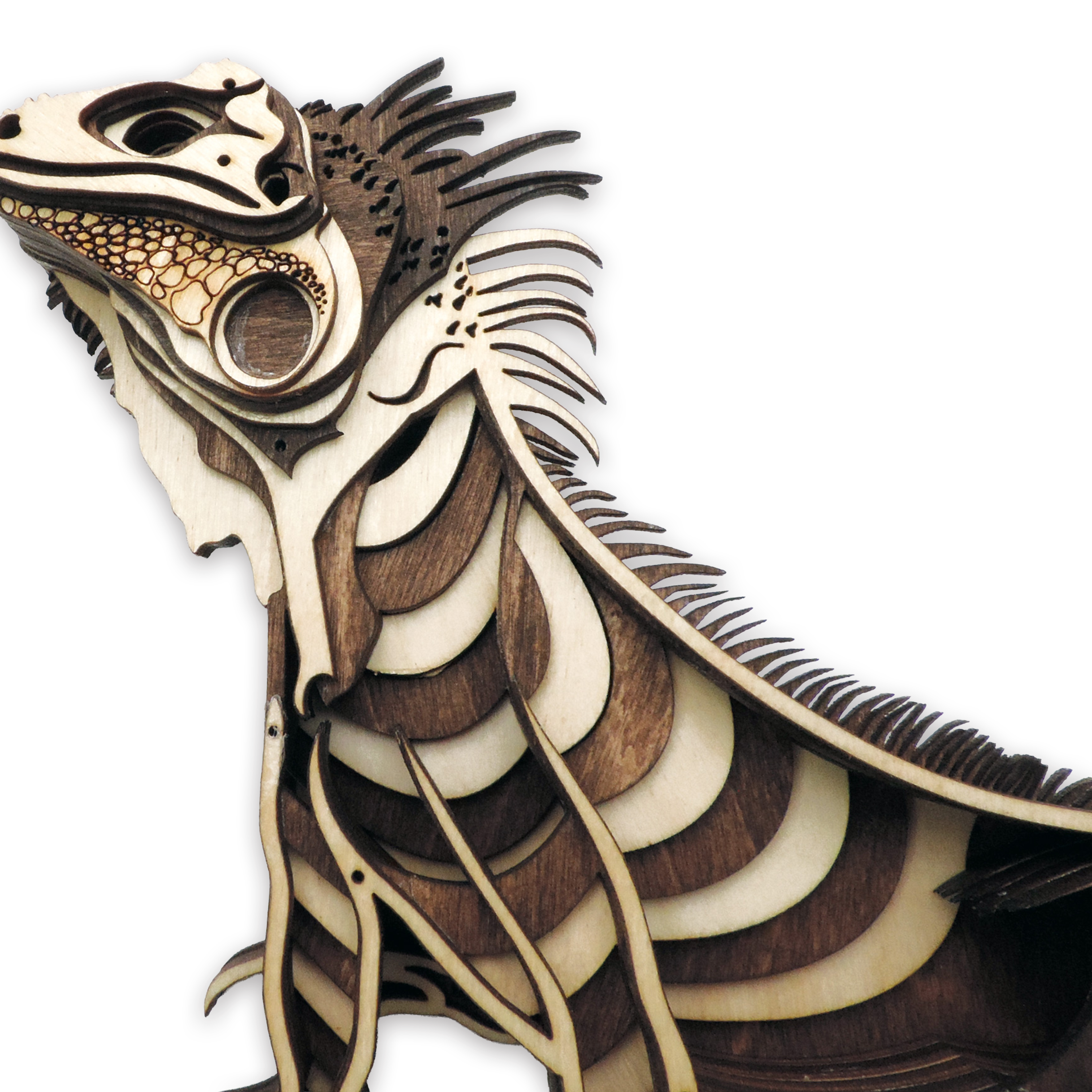 Multilayer 3D laser-cut iguana wall art, Baltic Birch Plywood — walnut maple, small (9.5 × 6.5 in)