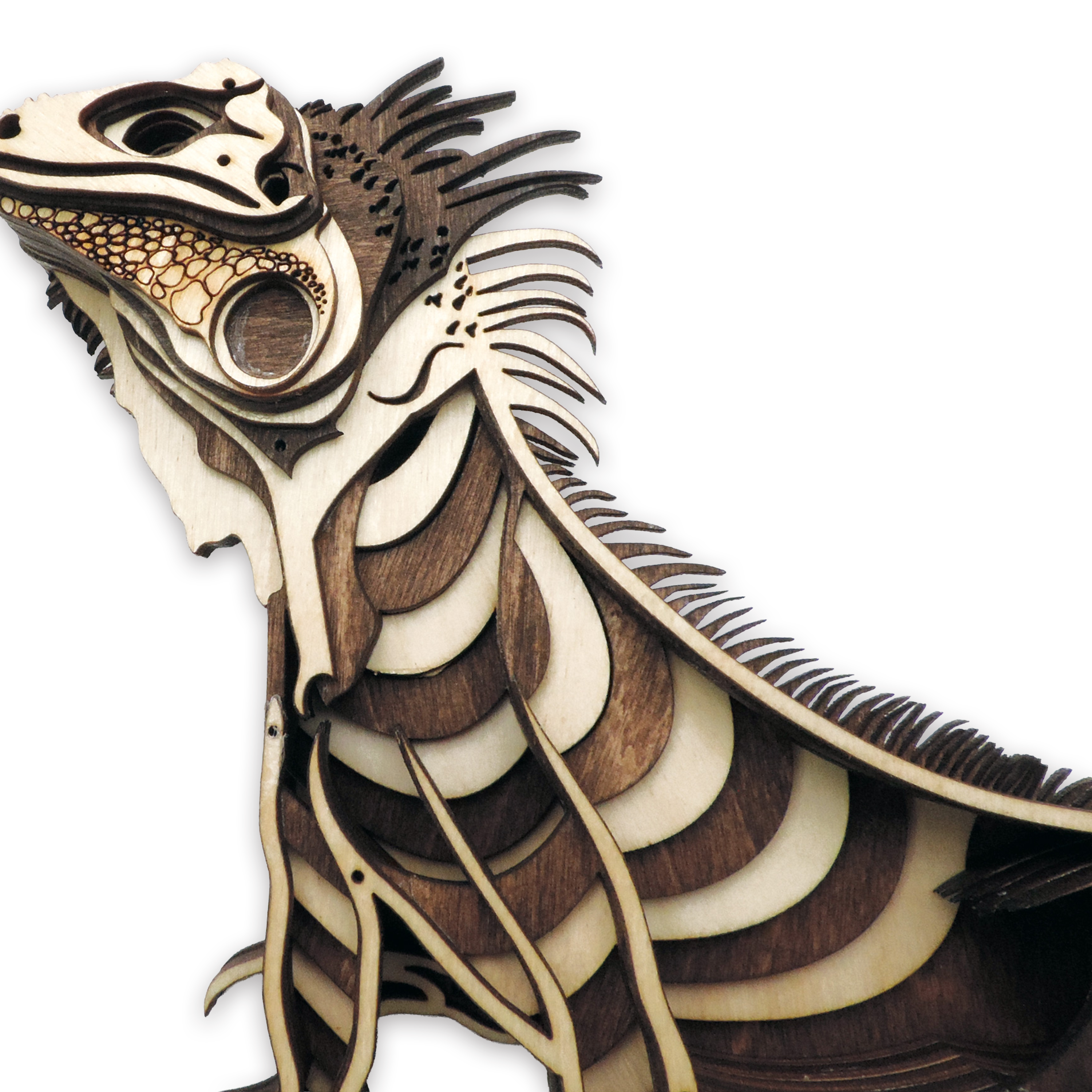 Multilayer 3D laser-cut iguana wall art, Baltic Birch Plywood — walnut maple, small (9.5 × 6.5 in)