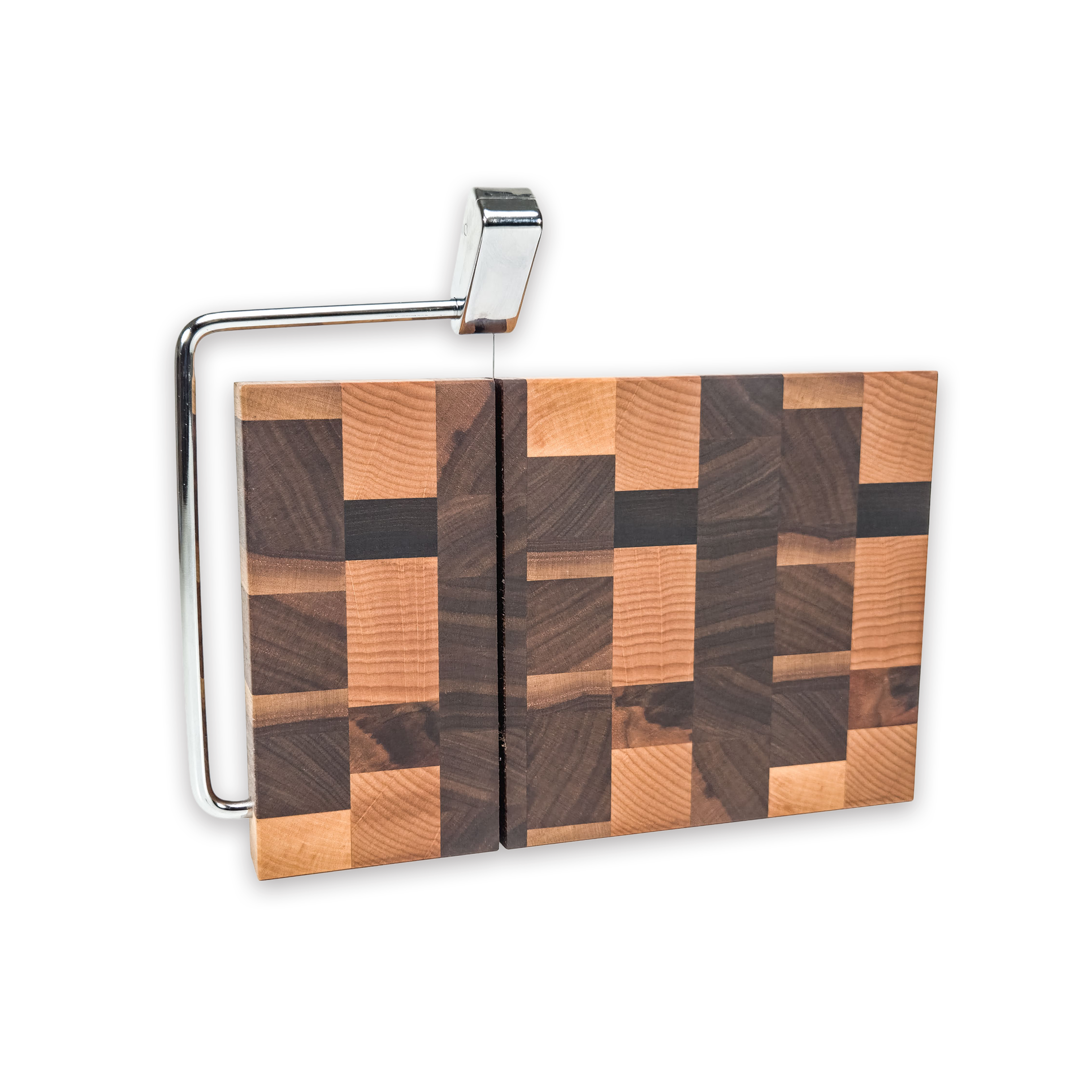 End grain oak, maple & walnut cheese slicer board with wire cutter, oiled hardwood