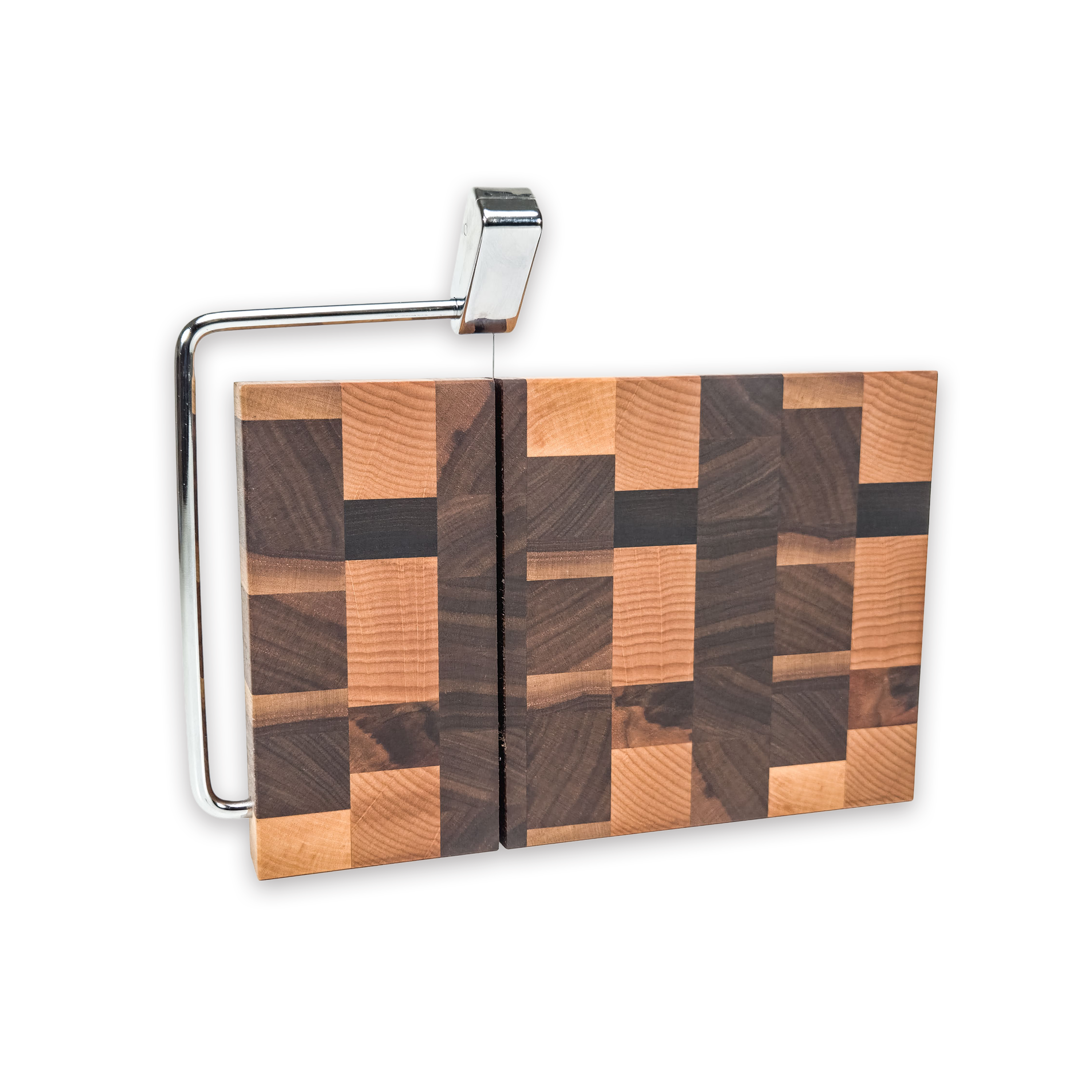 End grain oak, maple & walnut cheese slicer board with wire cutter, oiled hardwood