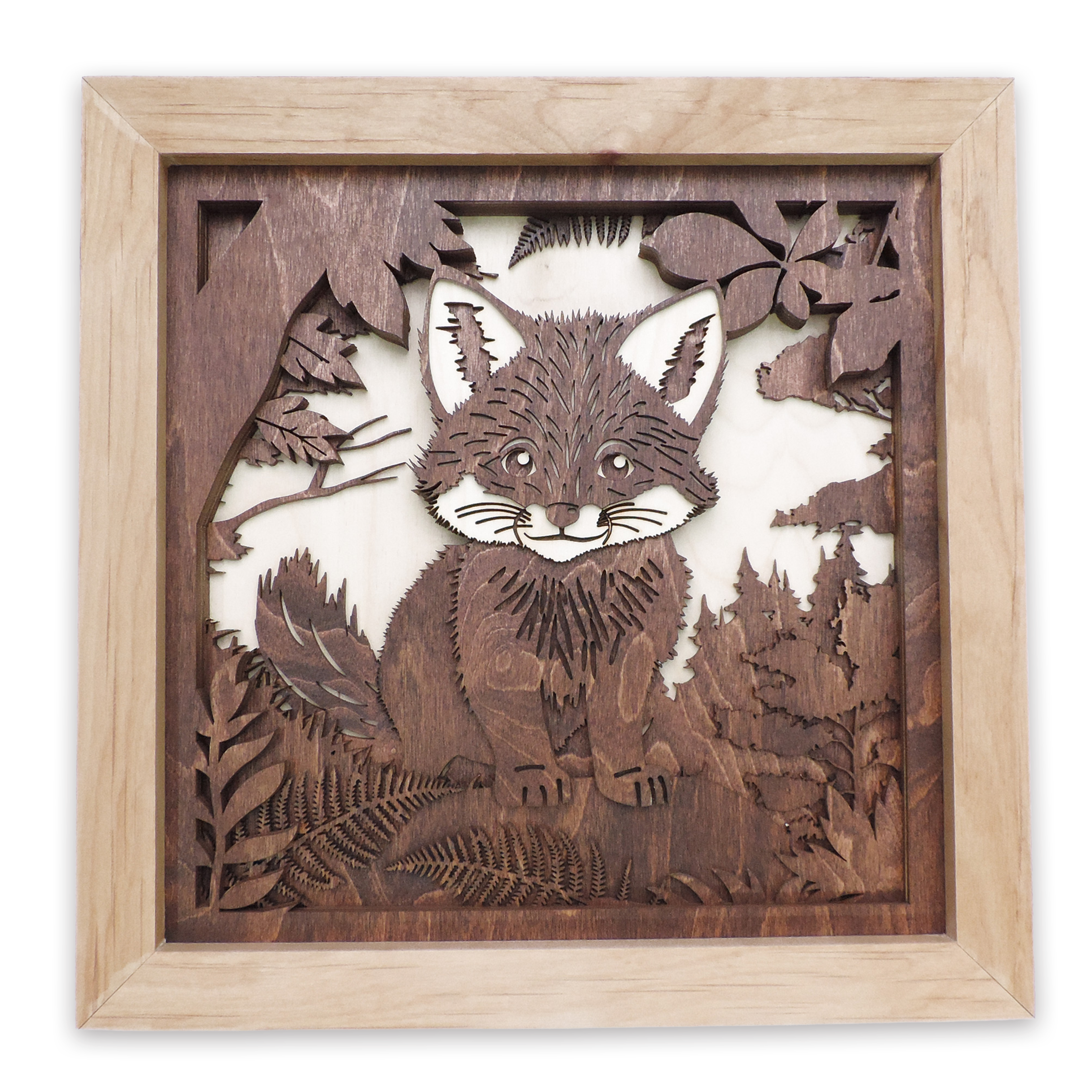 Multilayer 3D laser-cut baby fox wall art, Baltic Birch Plywood