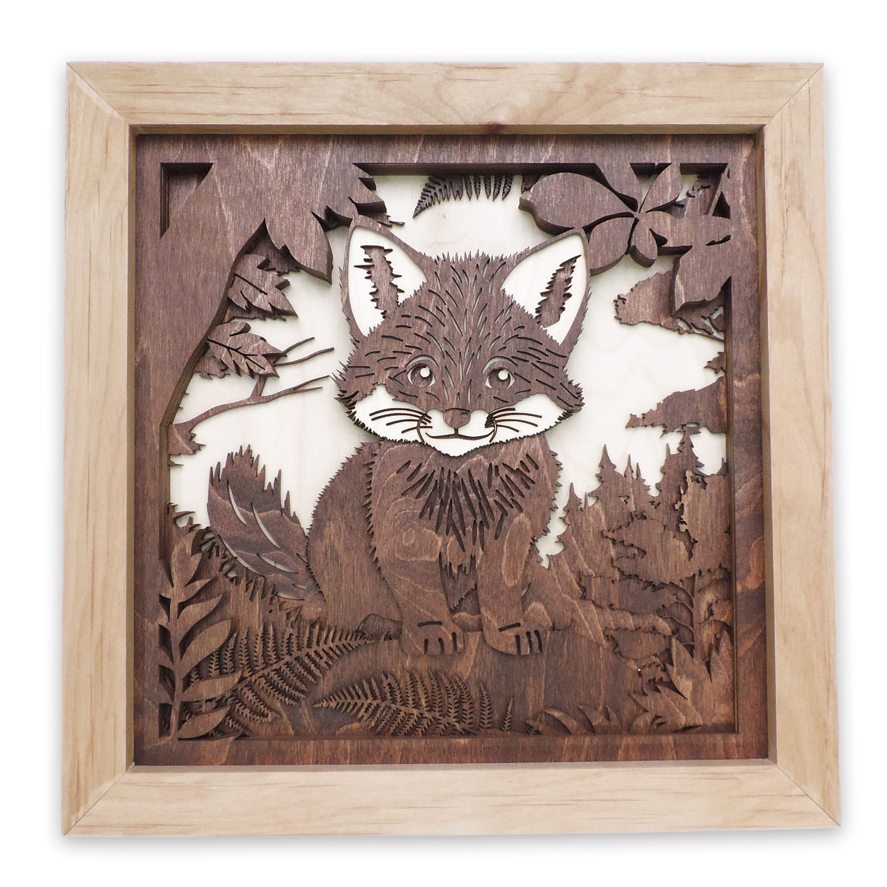 Multilayer 3D laser-cut baby fox wall art, Baltic Birch Plywood
