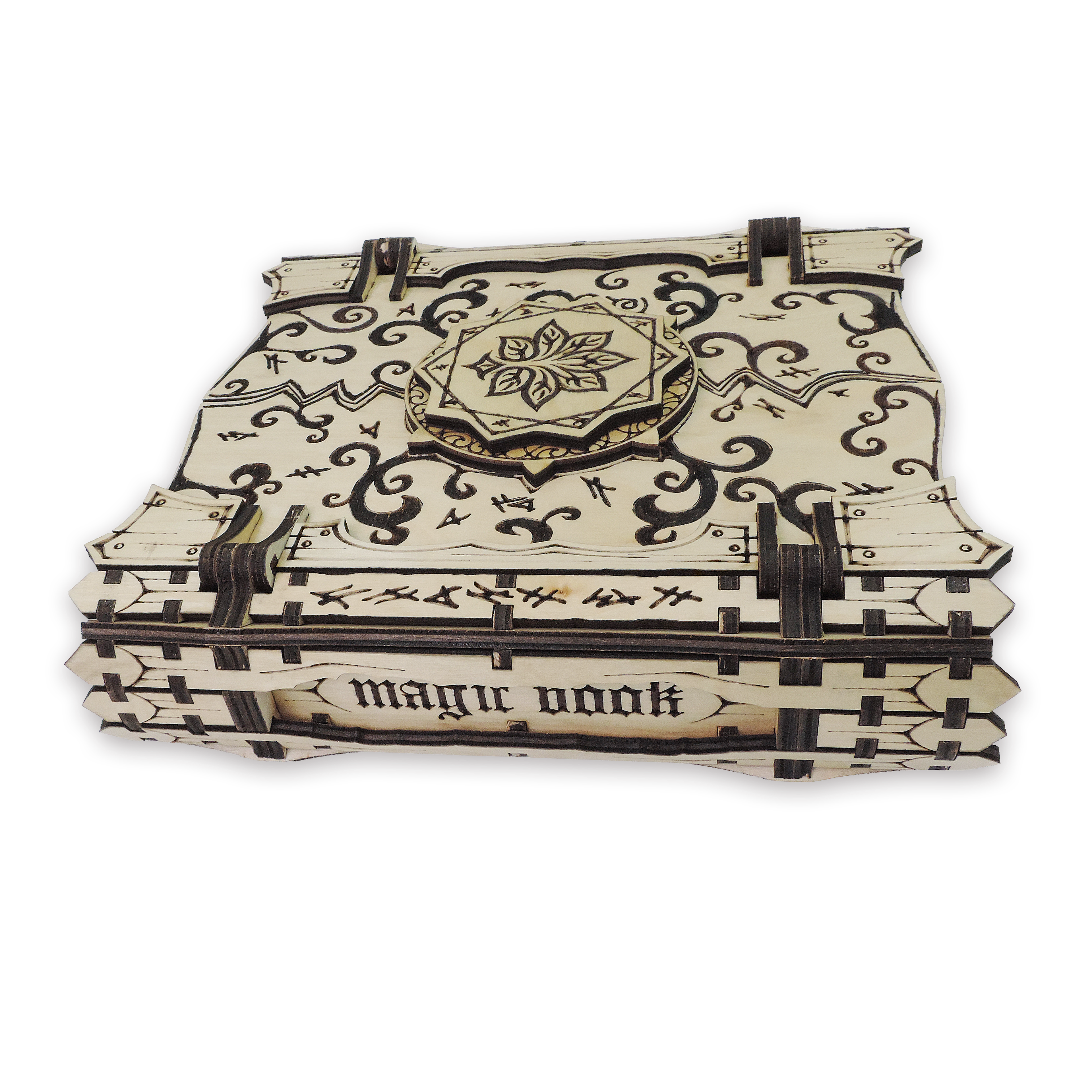 Laser-cut wizard spellbook keepsake box, ¼ in cabinet-grade plywood