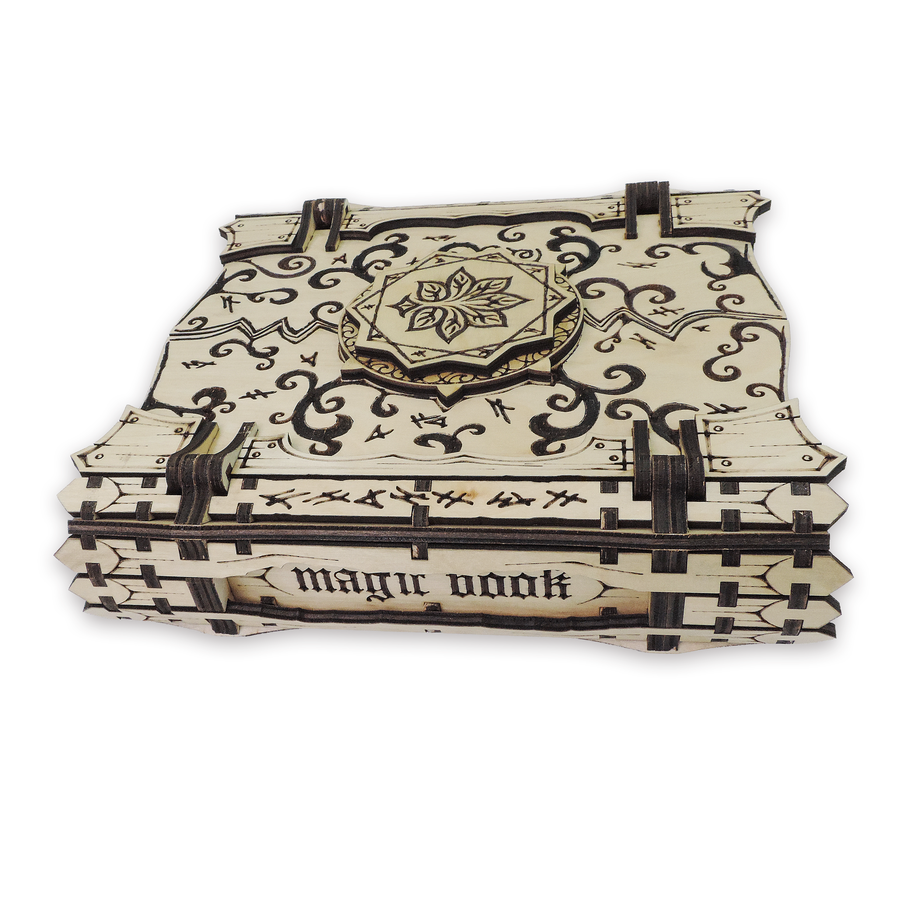Laser-cut wizard spellbook keepsake box, ¼ in cabinet-grade plywood