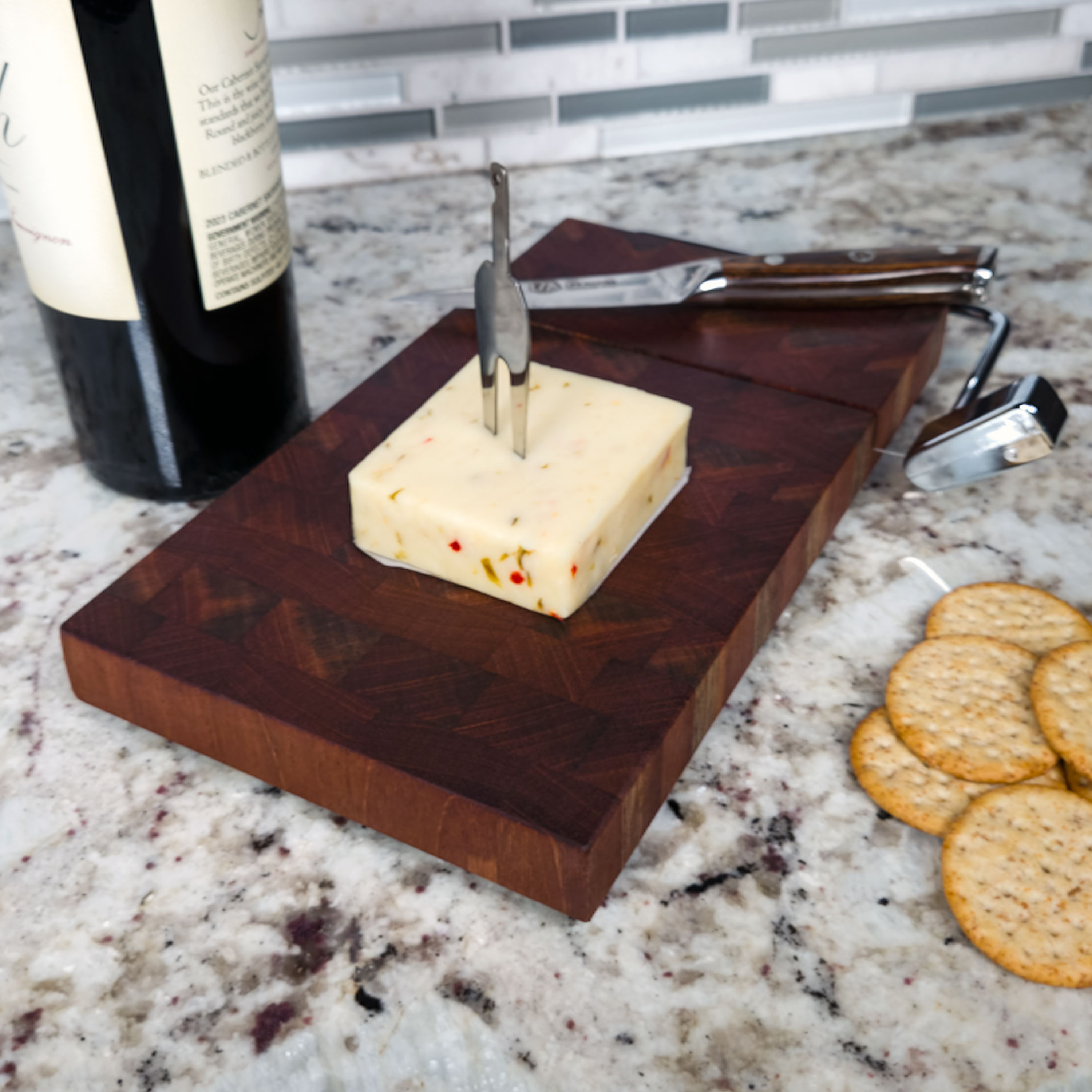 End grain walnut cheese slicer board with wire cutter, oiled hardwood