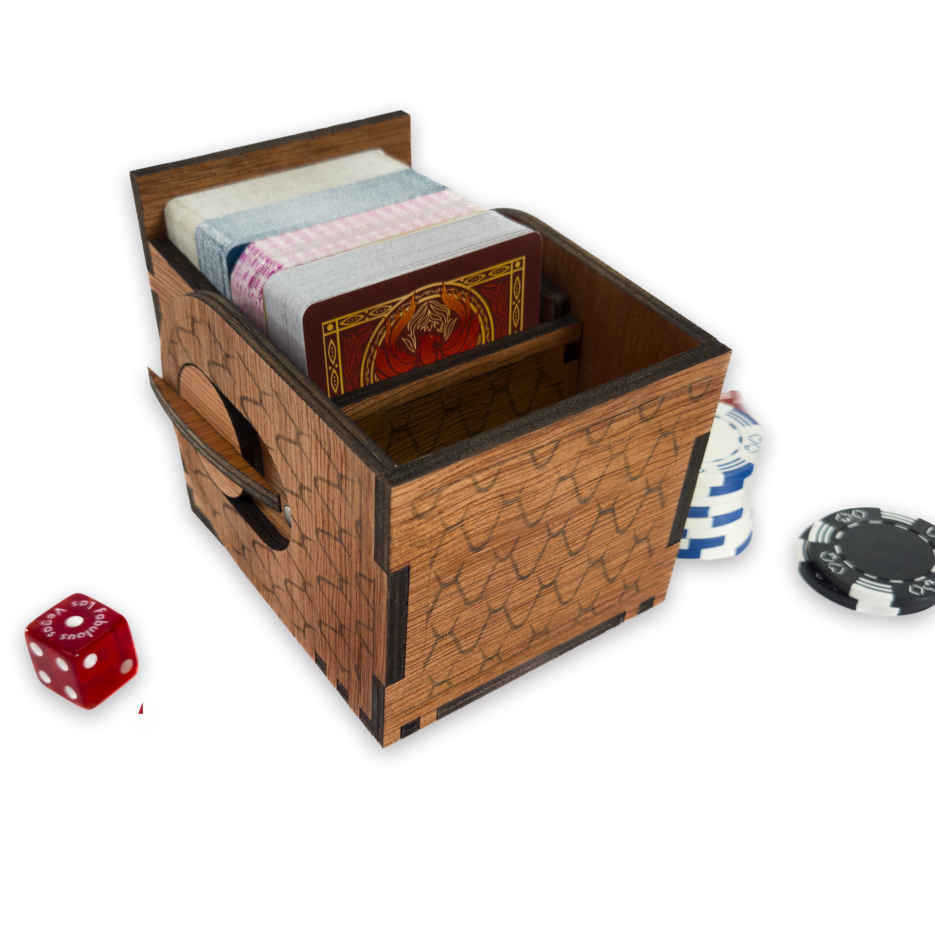Laser-cut dragon scale deck box, cherry-finished birch plywood