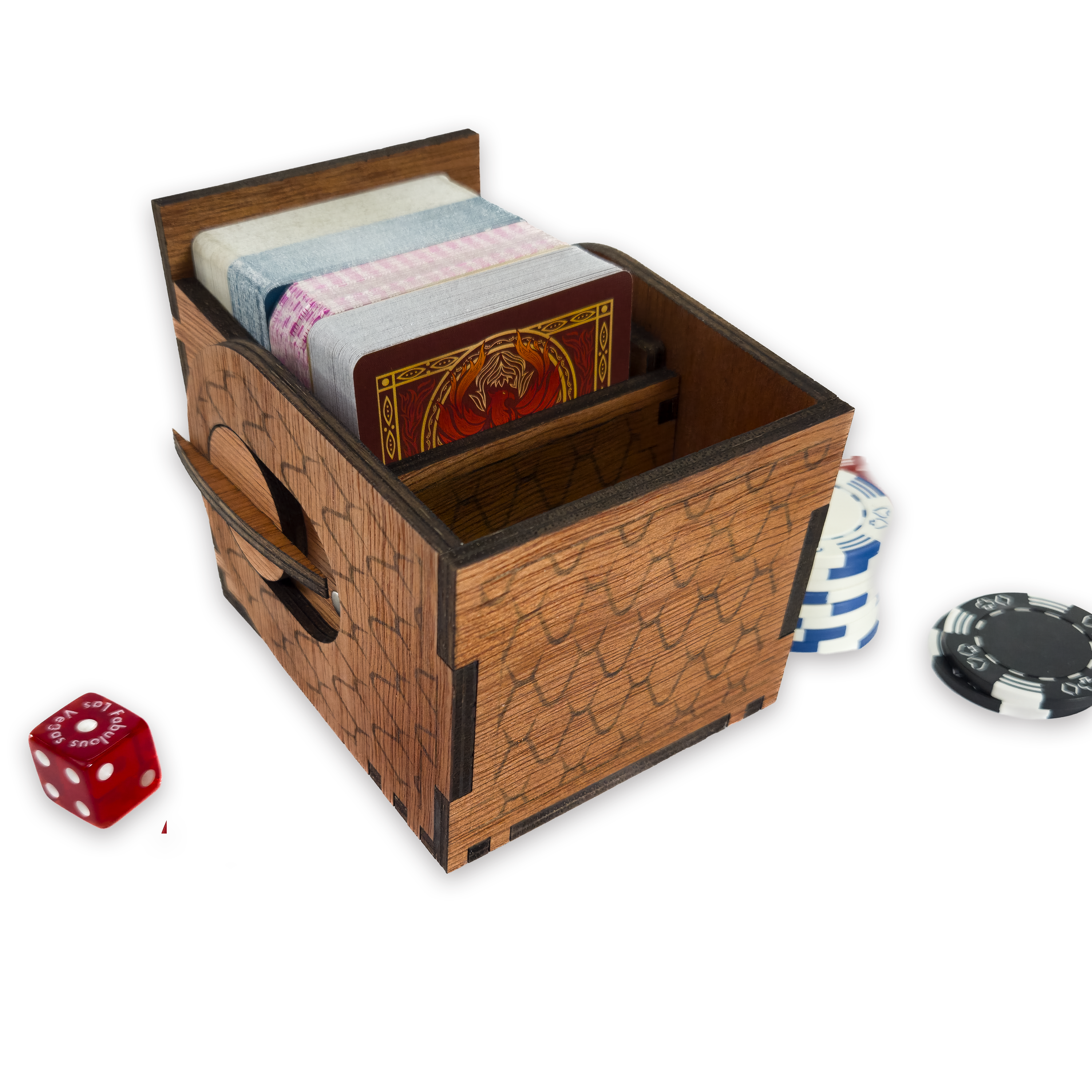 Laser-cut dragon scale deck box, cherry-finished birch plywood