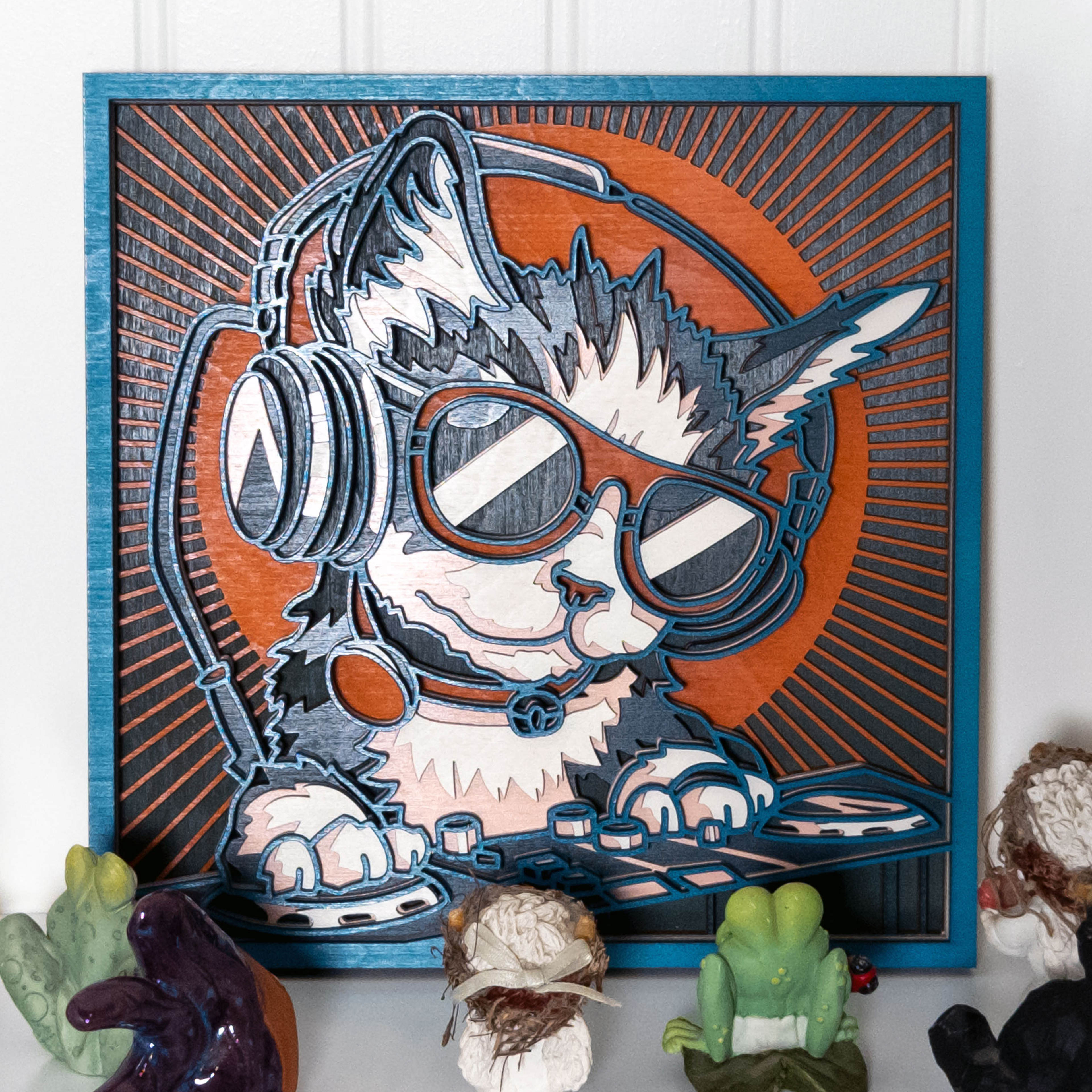 Multilayer 3D laser-cut dj cat wall art, Baltic Birch Plywood