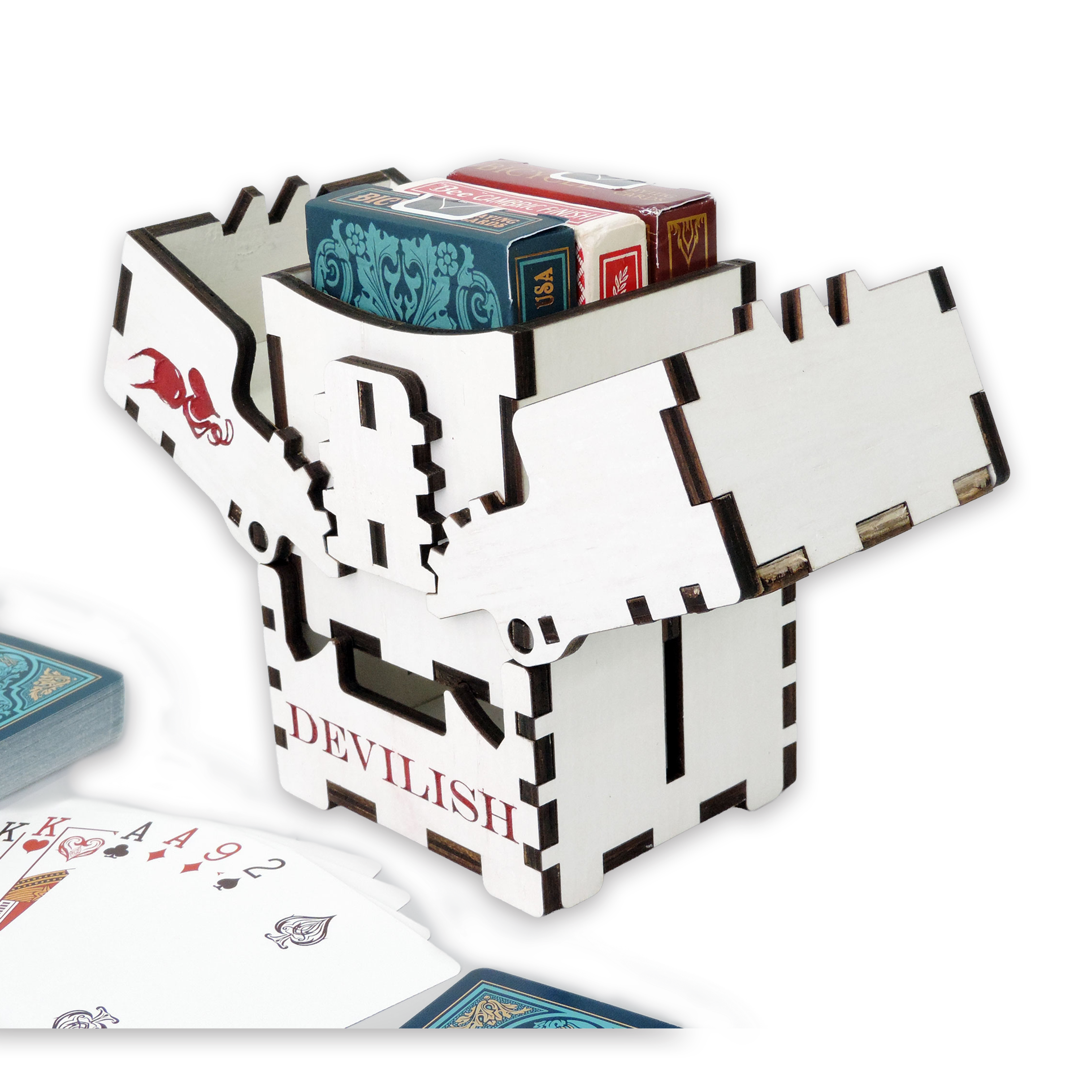 Laser-cut devilish box, white-painted birch plywood — small (3.5 × 5 in)