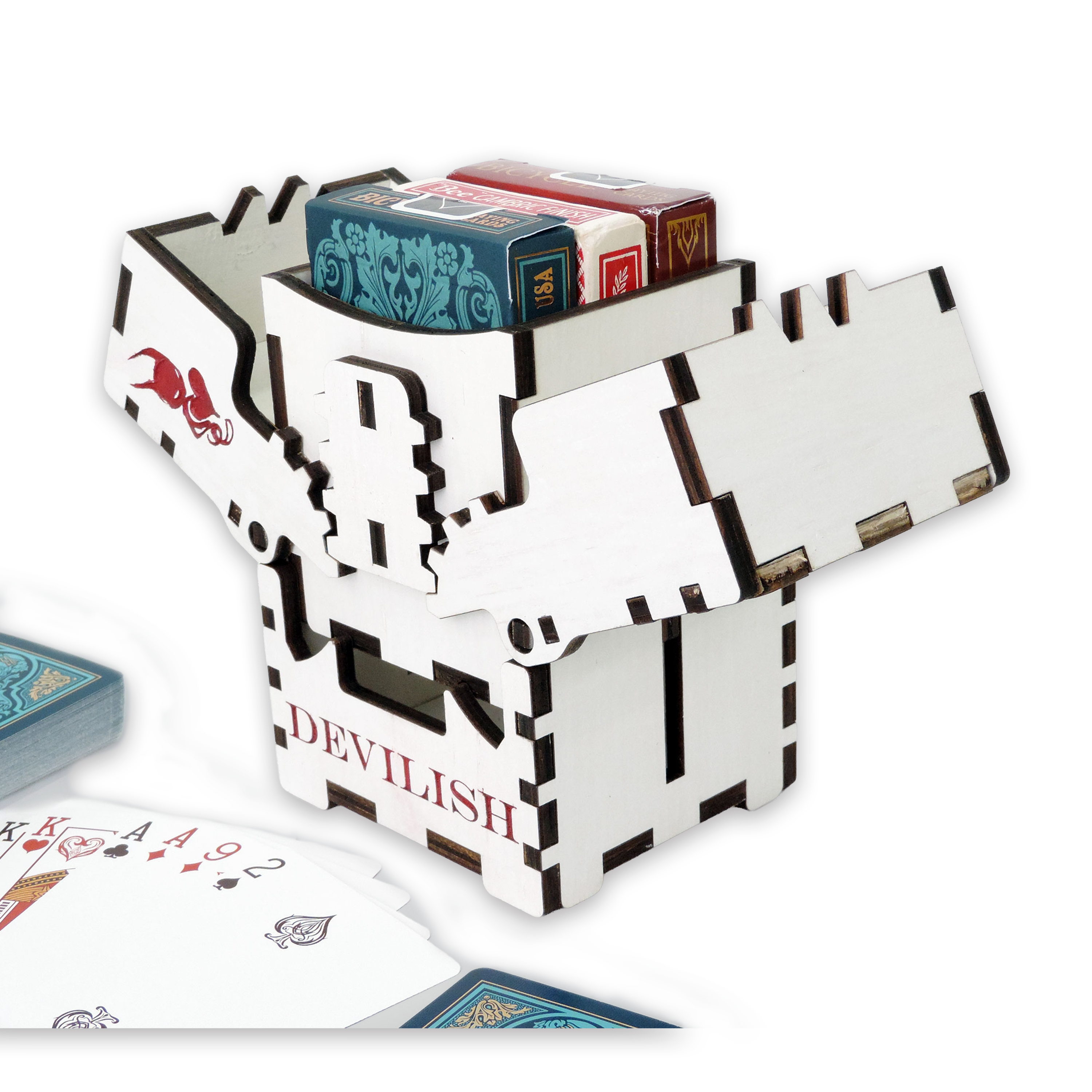 Laser-cut devilish box, white-painted birch plywood — small (3.5 × 5 in)