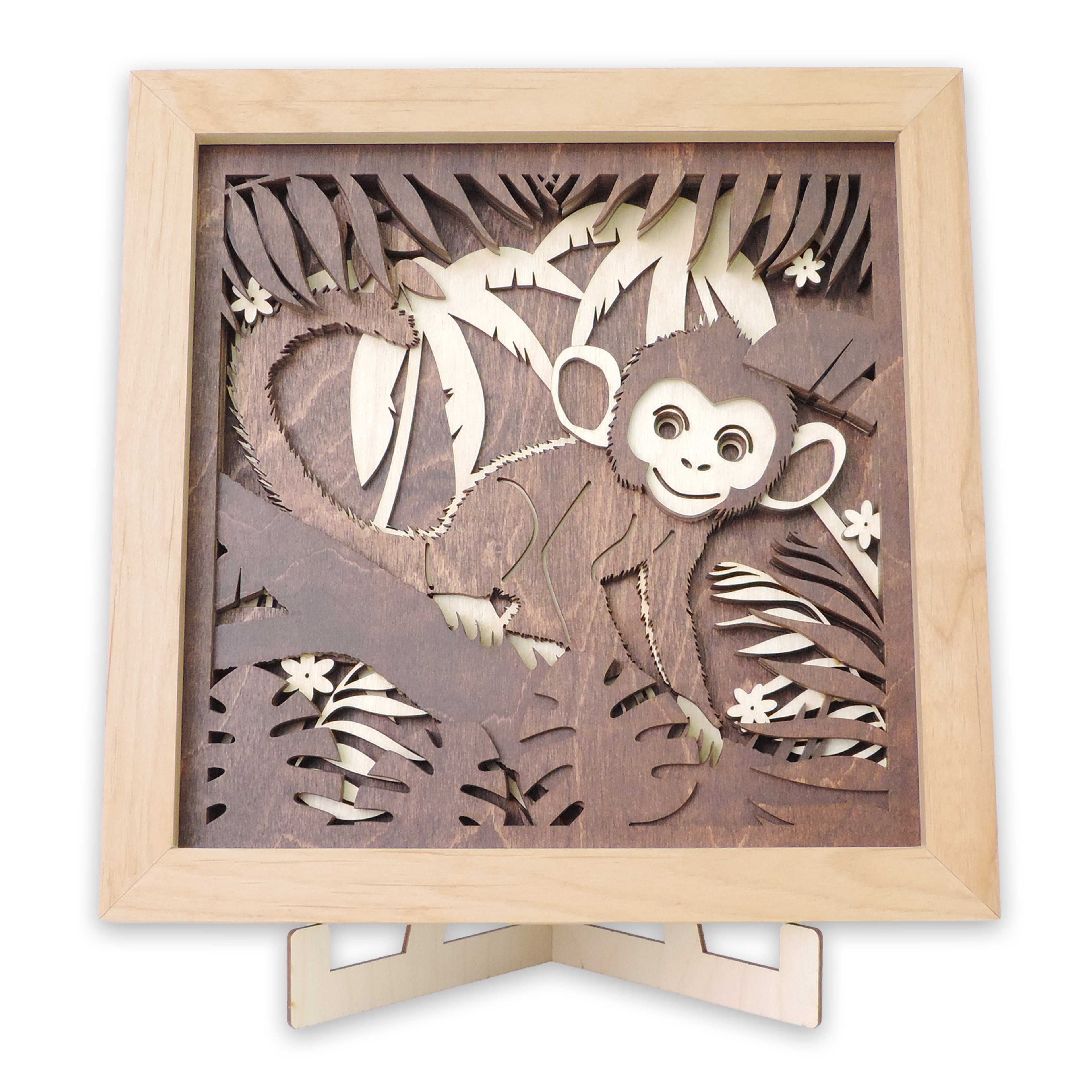 Multilayer 3D laser-cut baby monkey wall art, Baltic Birch Plywood