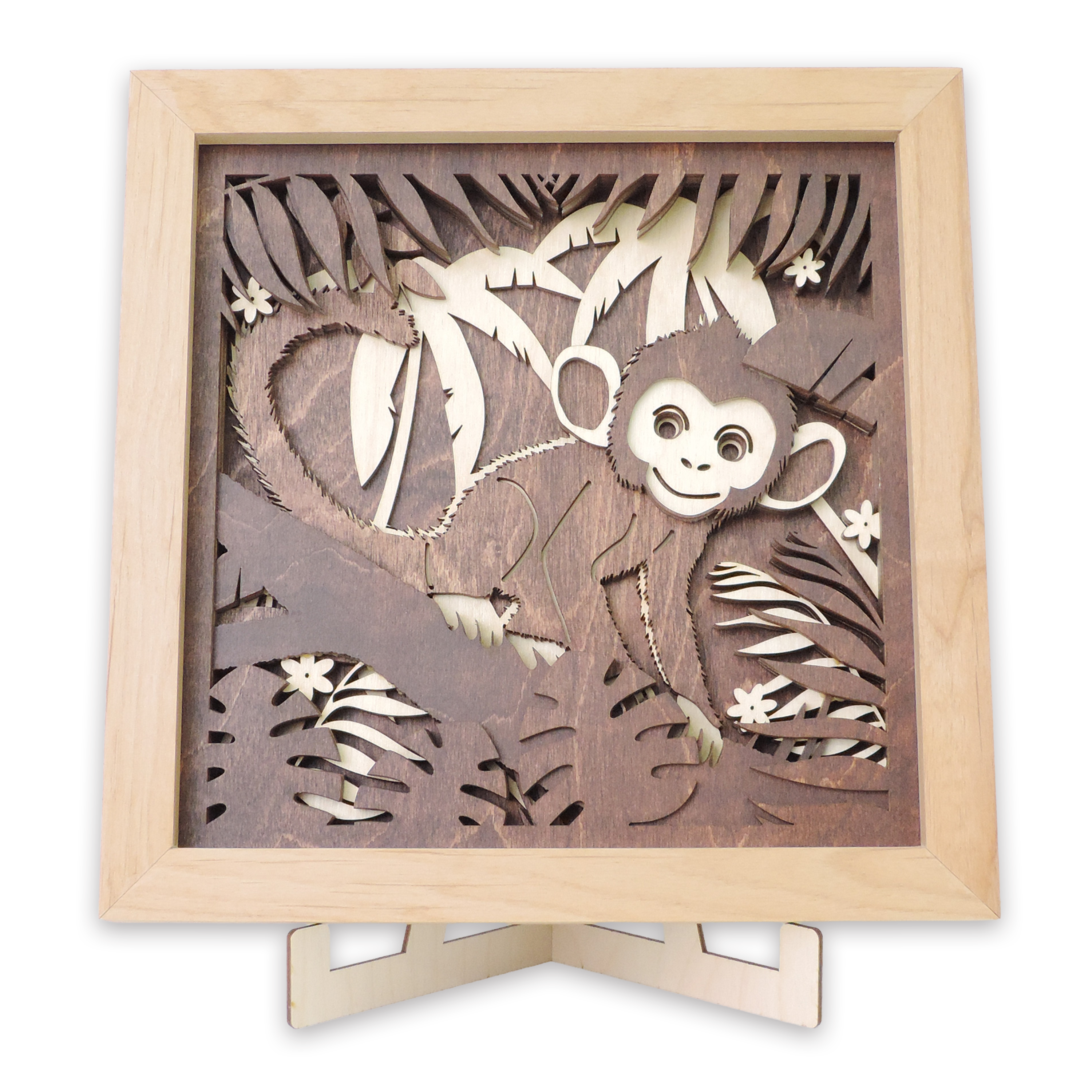 Multilayer 3D laser-cut baby monkey wall art, Baltic Birch Plywood