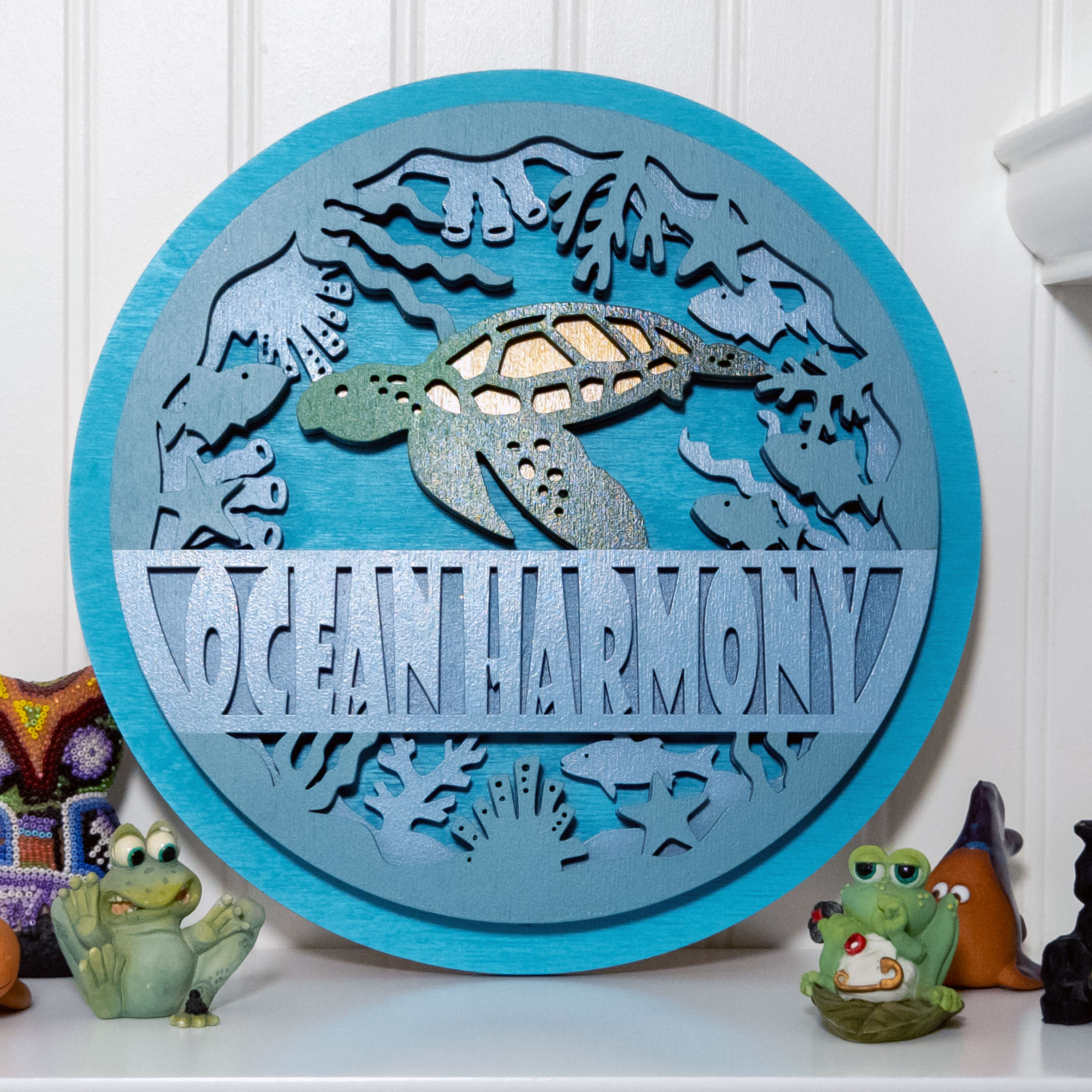 Multilayer 3D laser-cut turtle name sign wall art, Baltic Birch Plywood