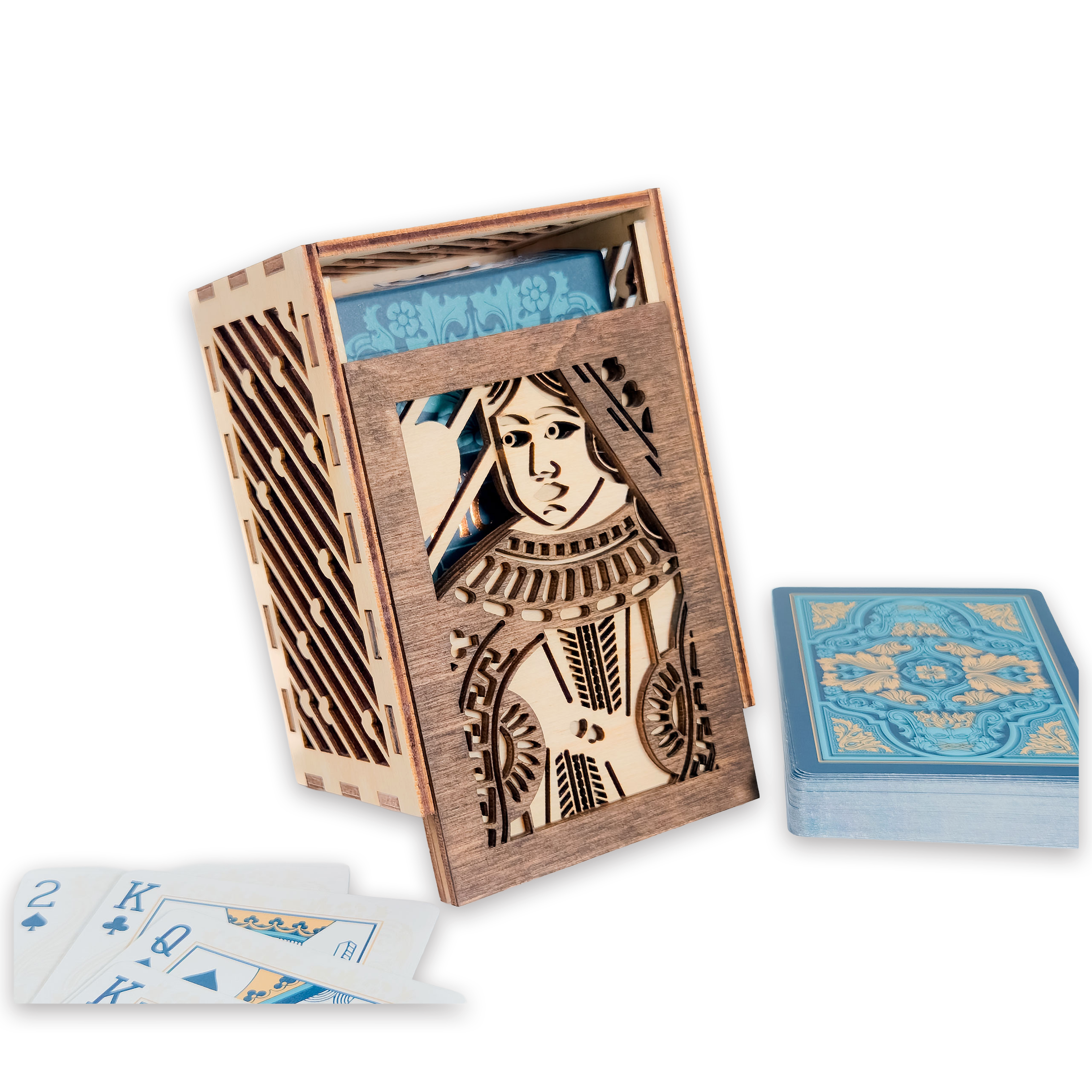Laser-cut queen of hearts poker card box, walnut & maple birch plywood