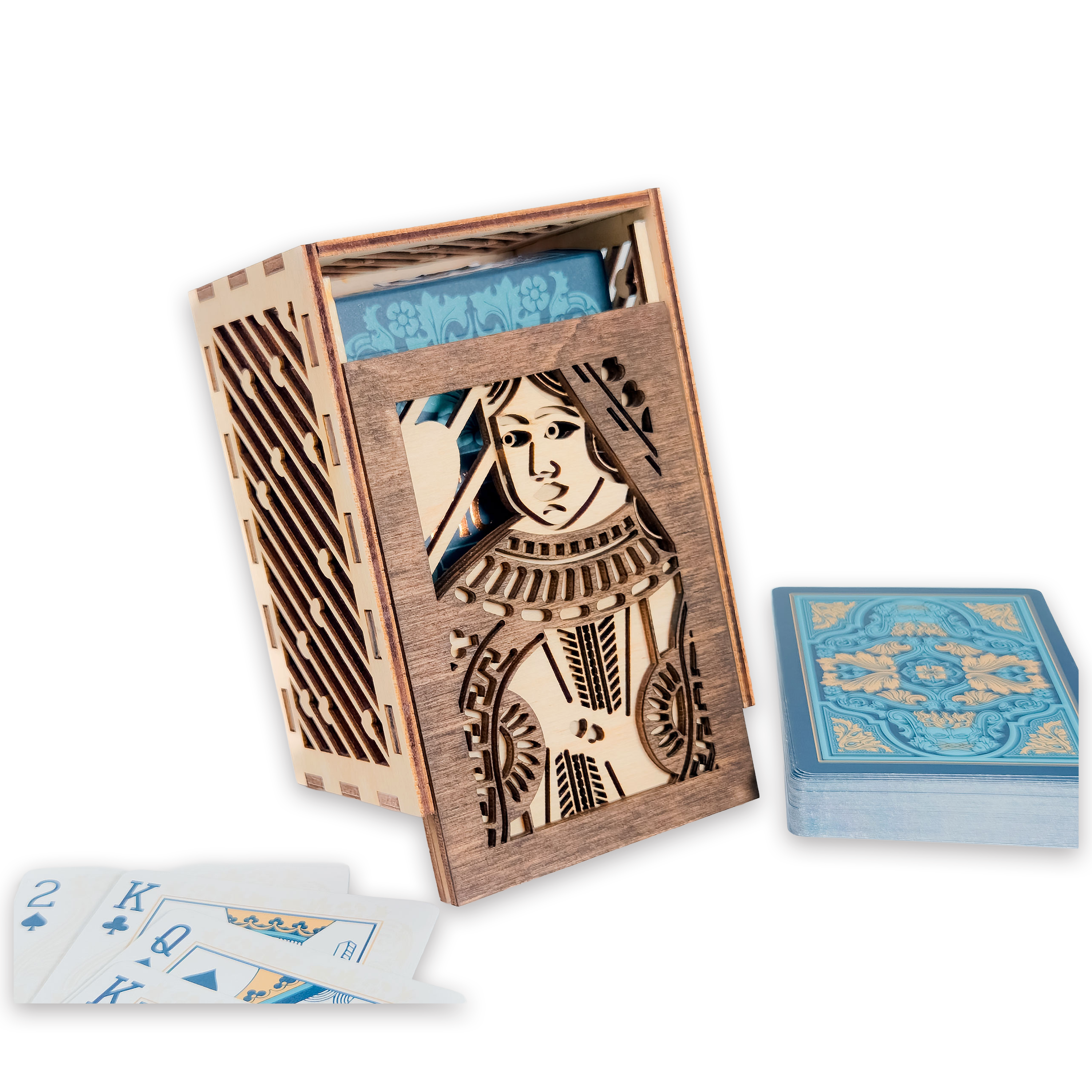 Laser-cut queen of hearts poker card box, walnut & maple birch plywood