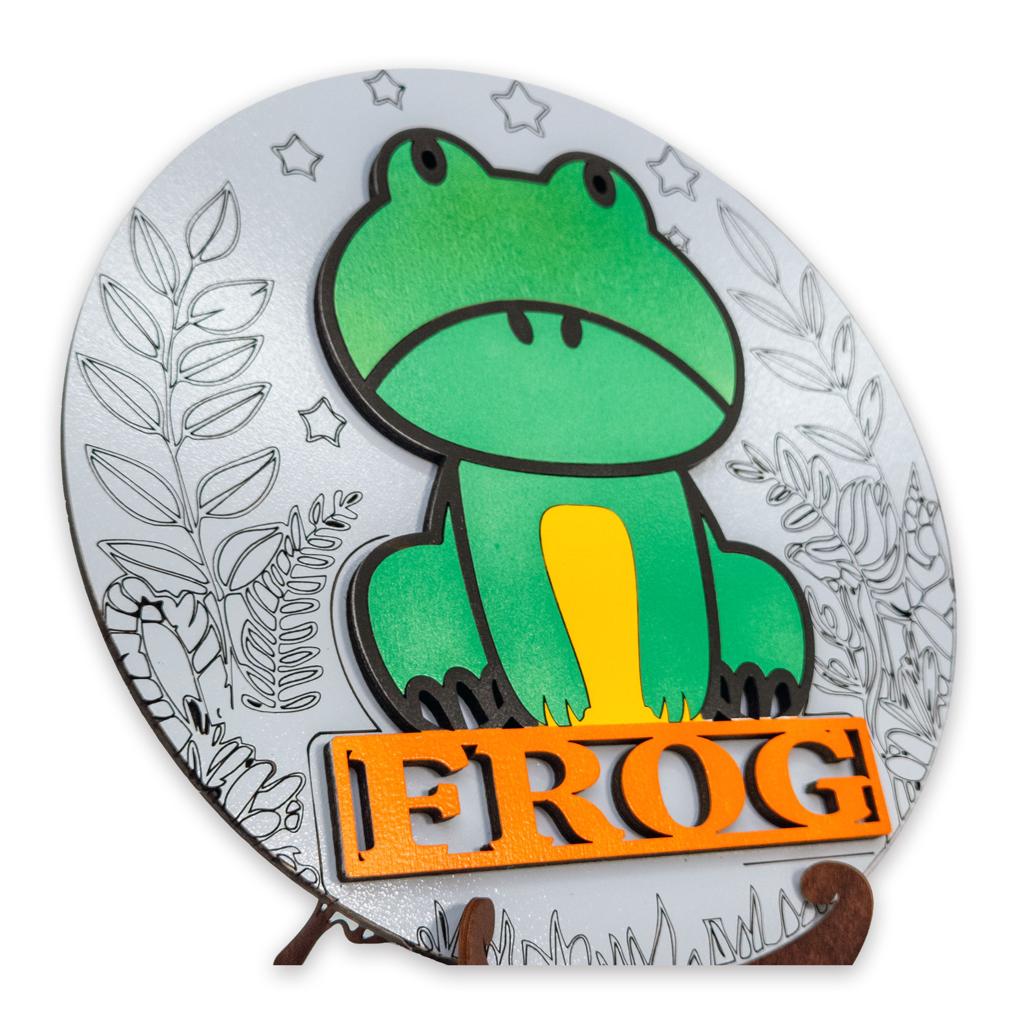 Multilayer 3D laser-cut frog name sign wall art, Baltic Birch Plywood