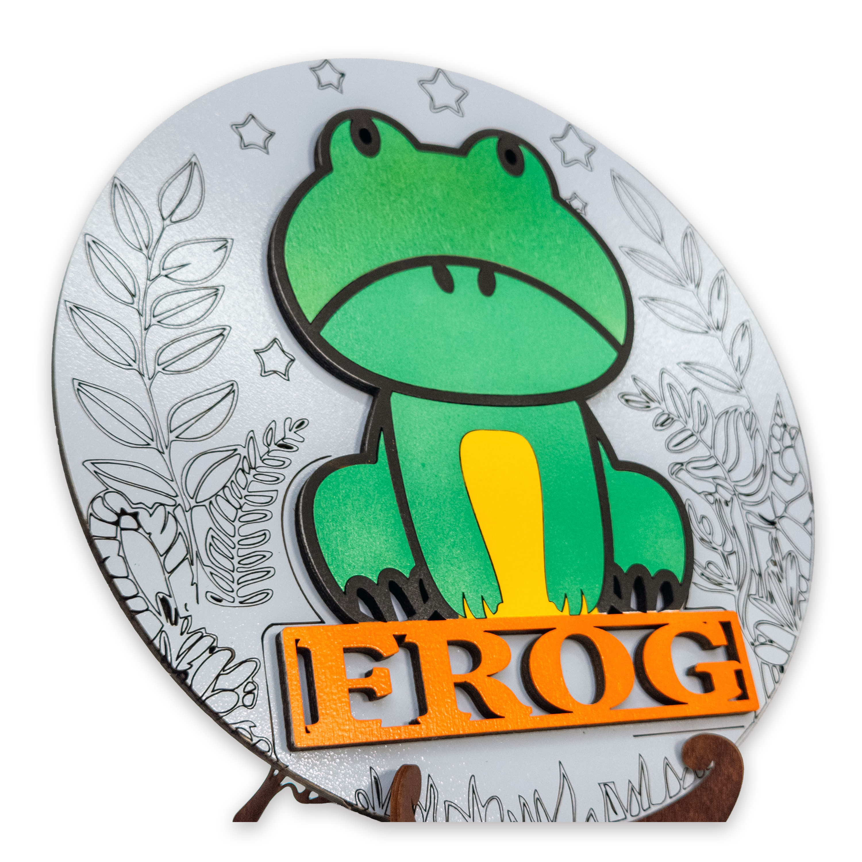 Multilayer 3D laser-cut frog name sign wall art, Baltic Birch Plywood