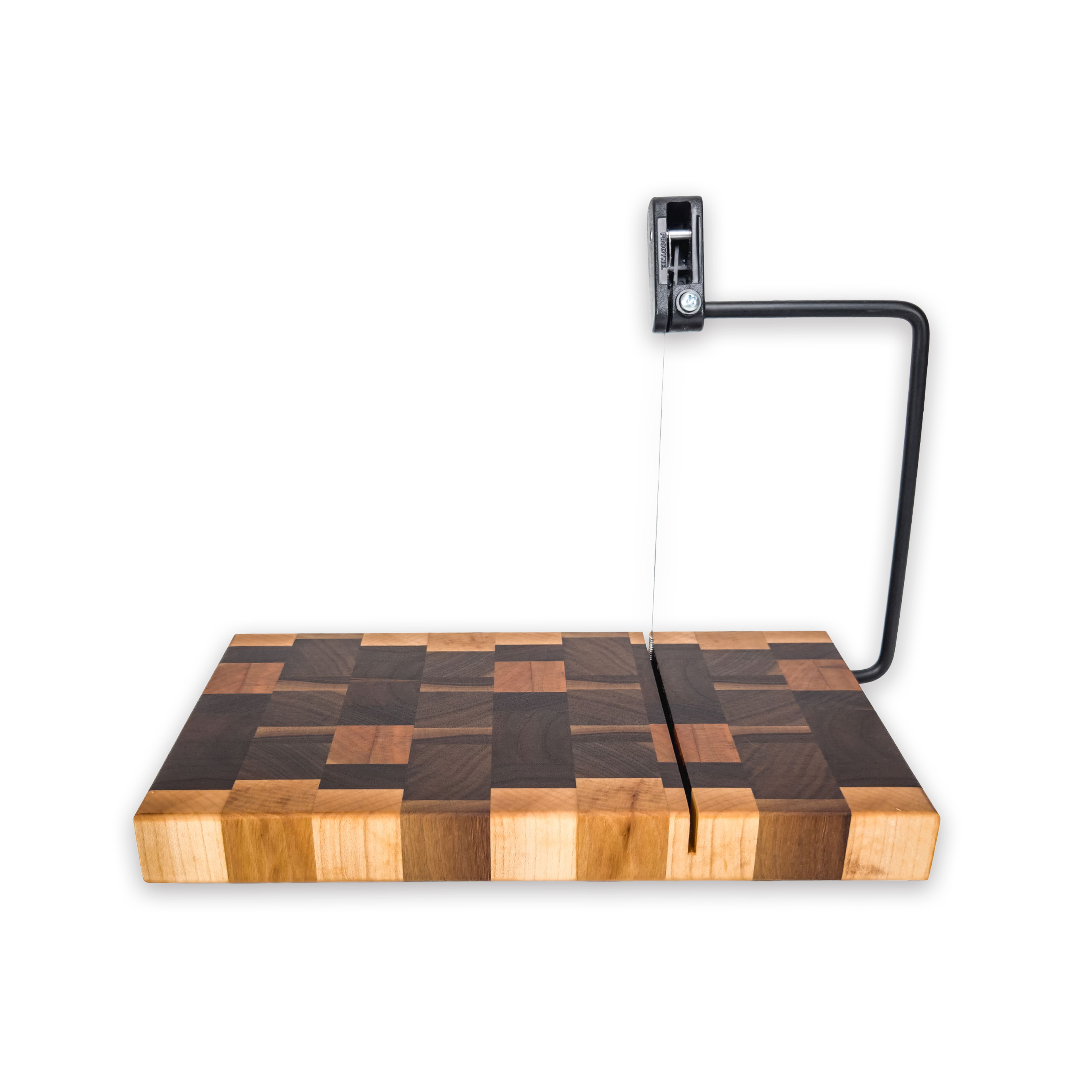 End grain maple, walnut, oak & cherry cheese slicer board with wire cutter, oiled hardwood — large, black (9.75 × 5.75 in)