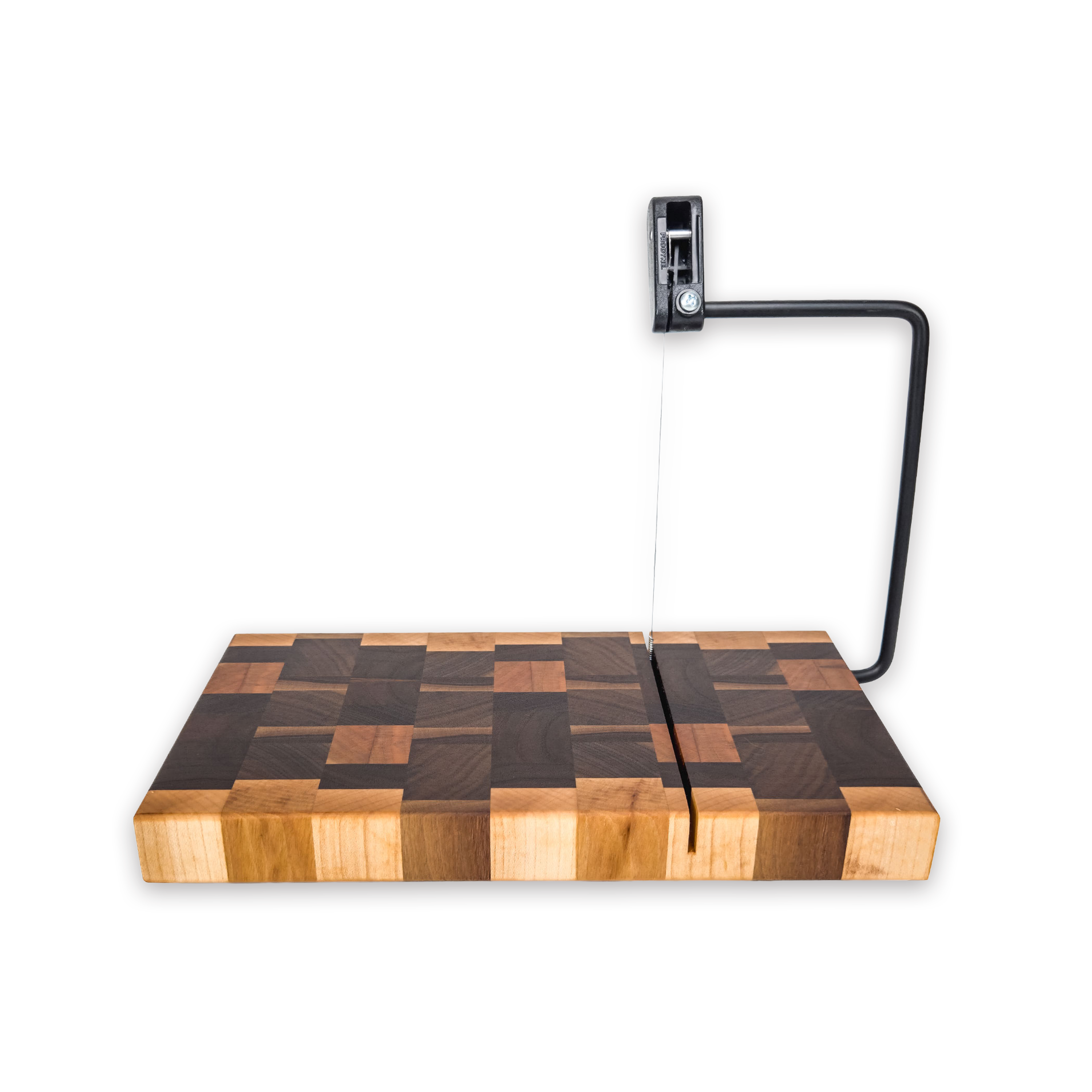 End grain maple, walnut, oak & cherry cheese slicer board with wire cutter, oiled hardwood — large, black (9.75 × 5.75 in)