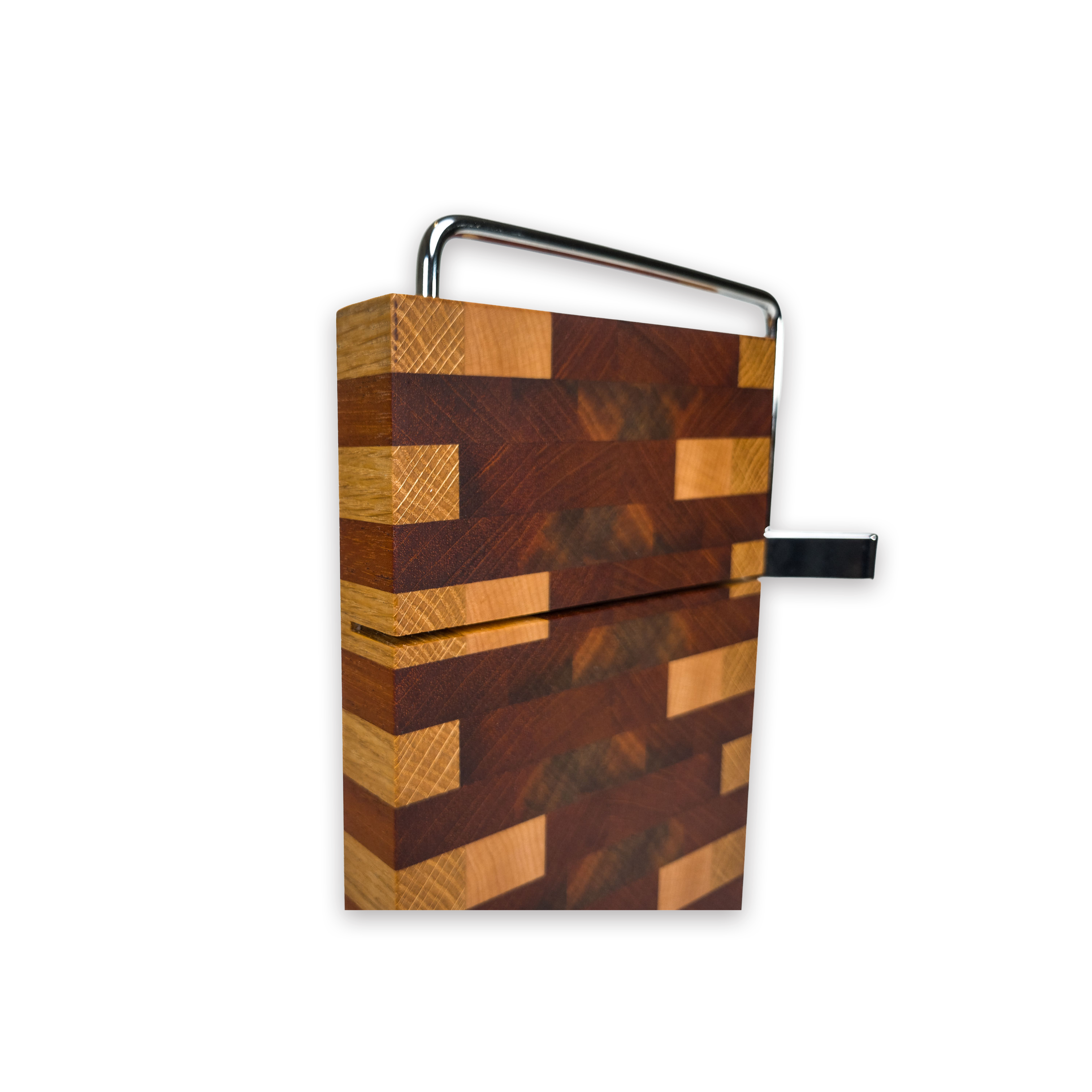End grain oak, walnut & cherry mosaic cheese slicer board with wire cutter, oiled hardwood