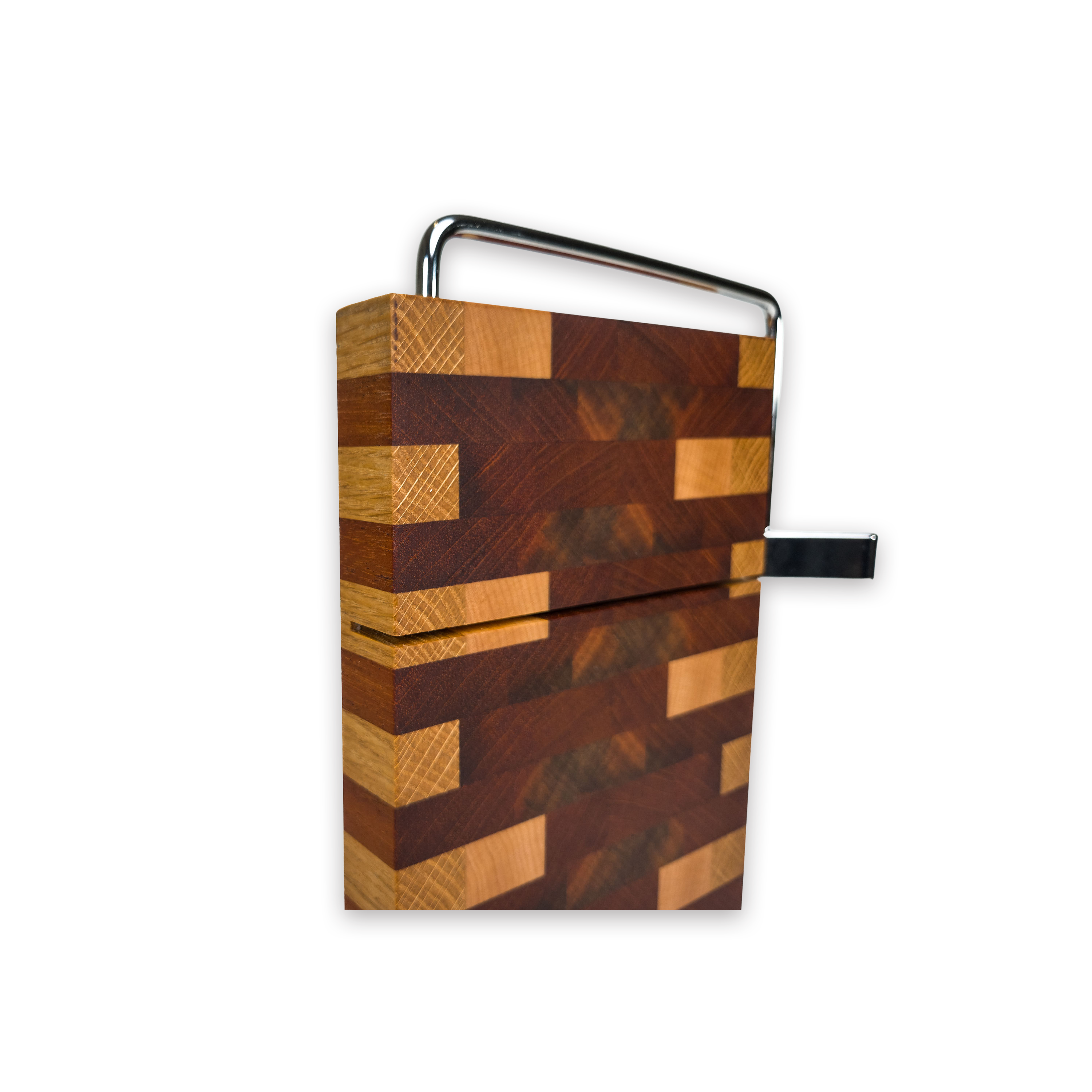 End grain oak, walnut & cherry mosaic cheese slicer board with wire cutter, oiled hardwood