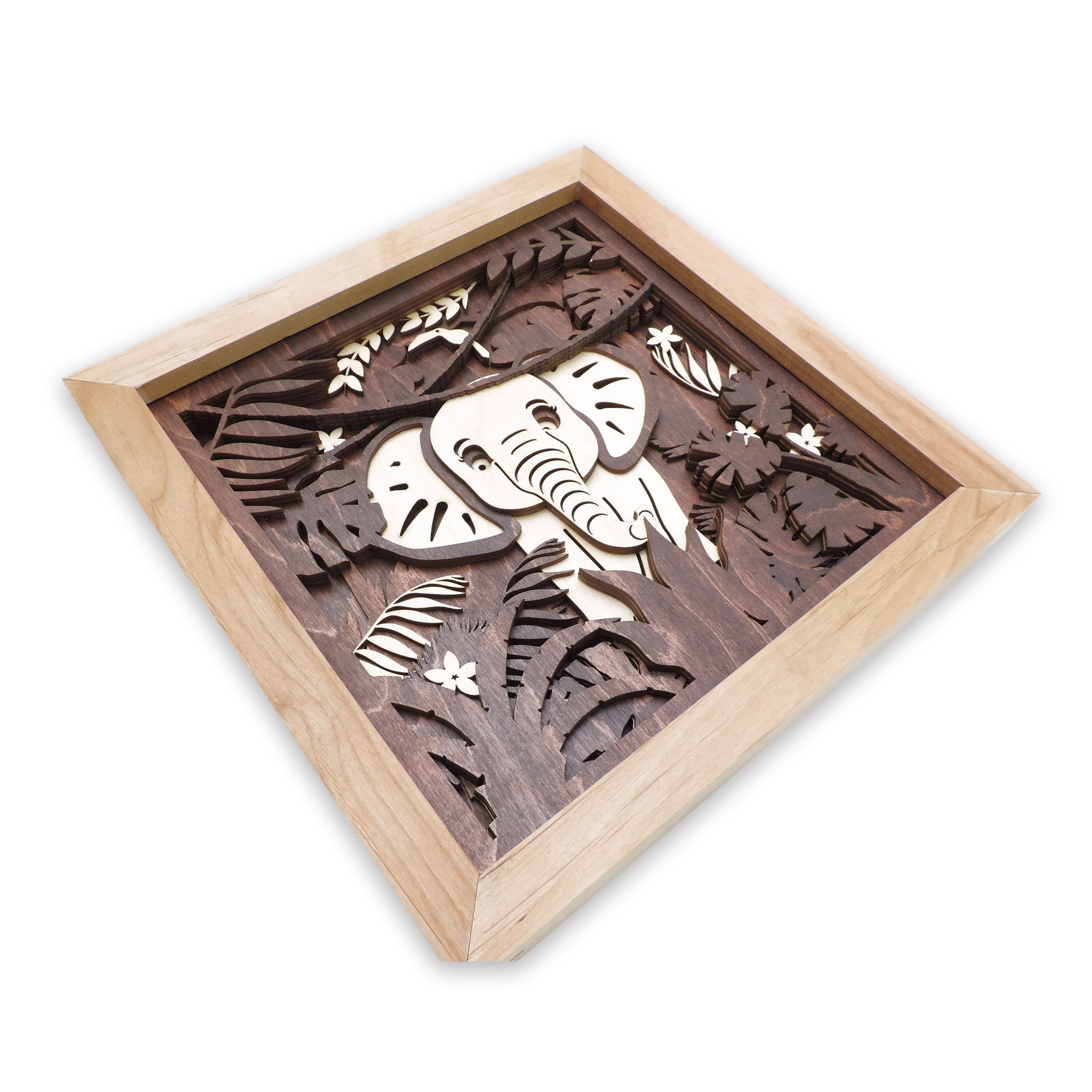 Multilayer 3D laser-cut baby elephant wall art, Baltic Birch Plywood
