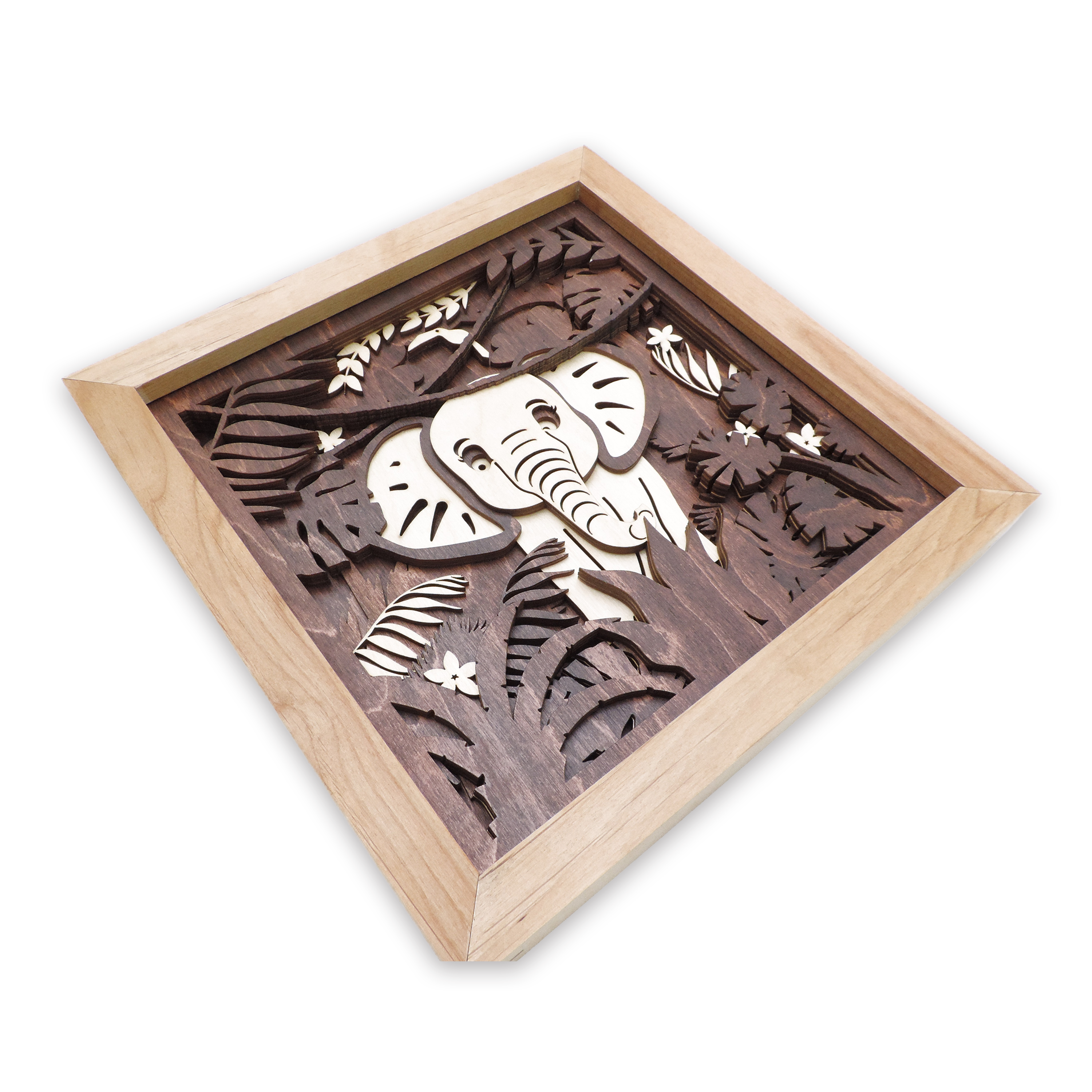Multilayer 3D laser-cut baby elephant wall art, Baltic Birch Plywood
