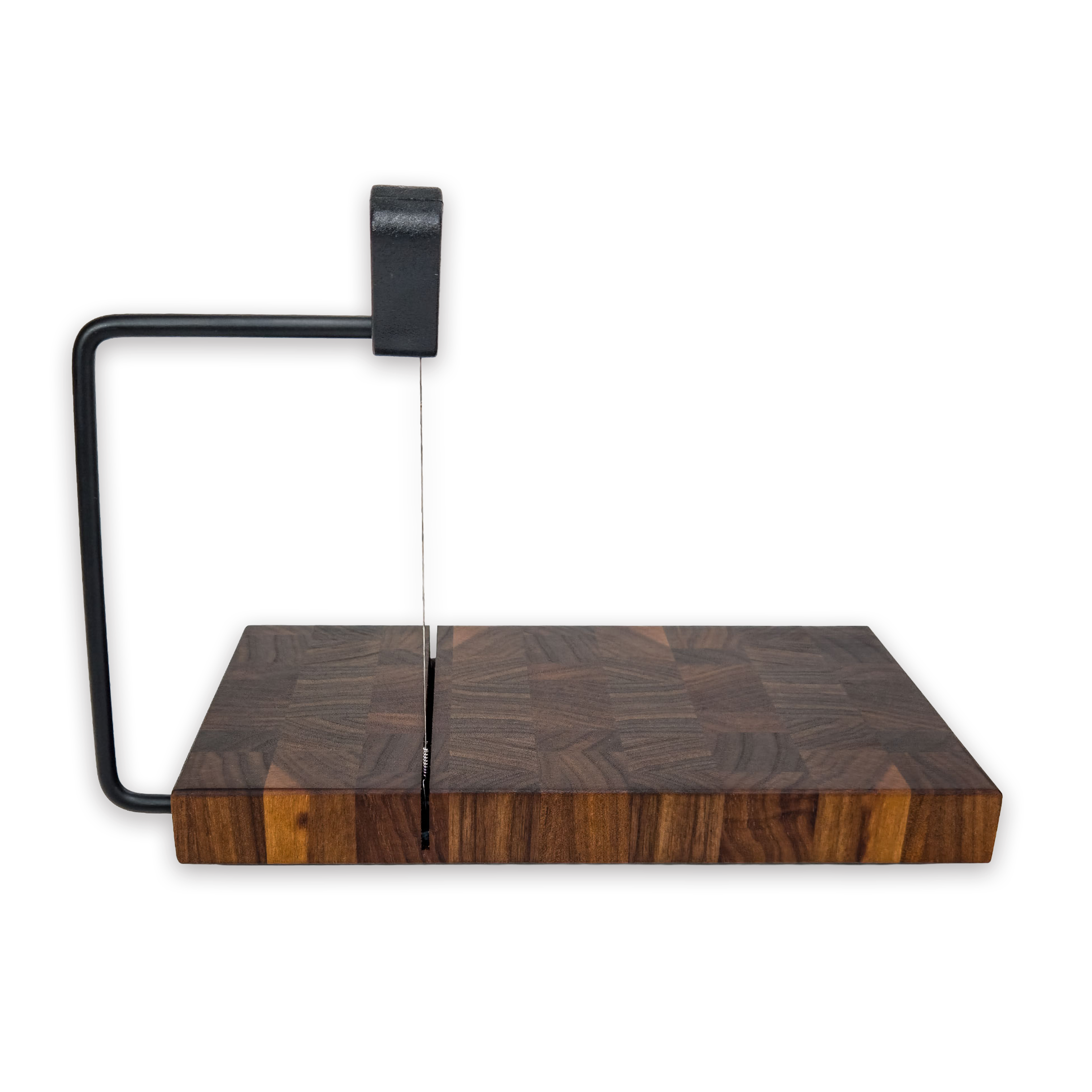 End grain solid walnut cheese slicer board with wire cutter, oiled hardwood