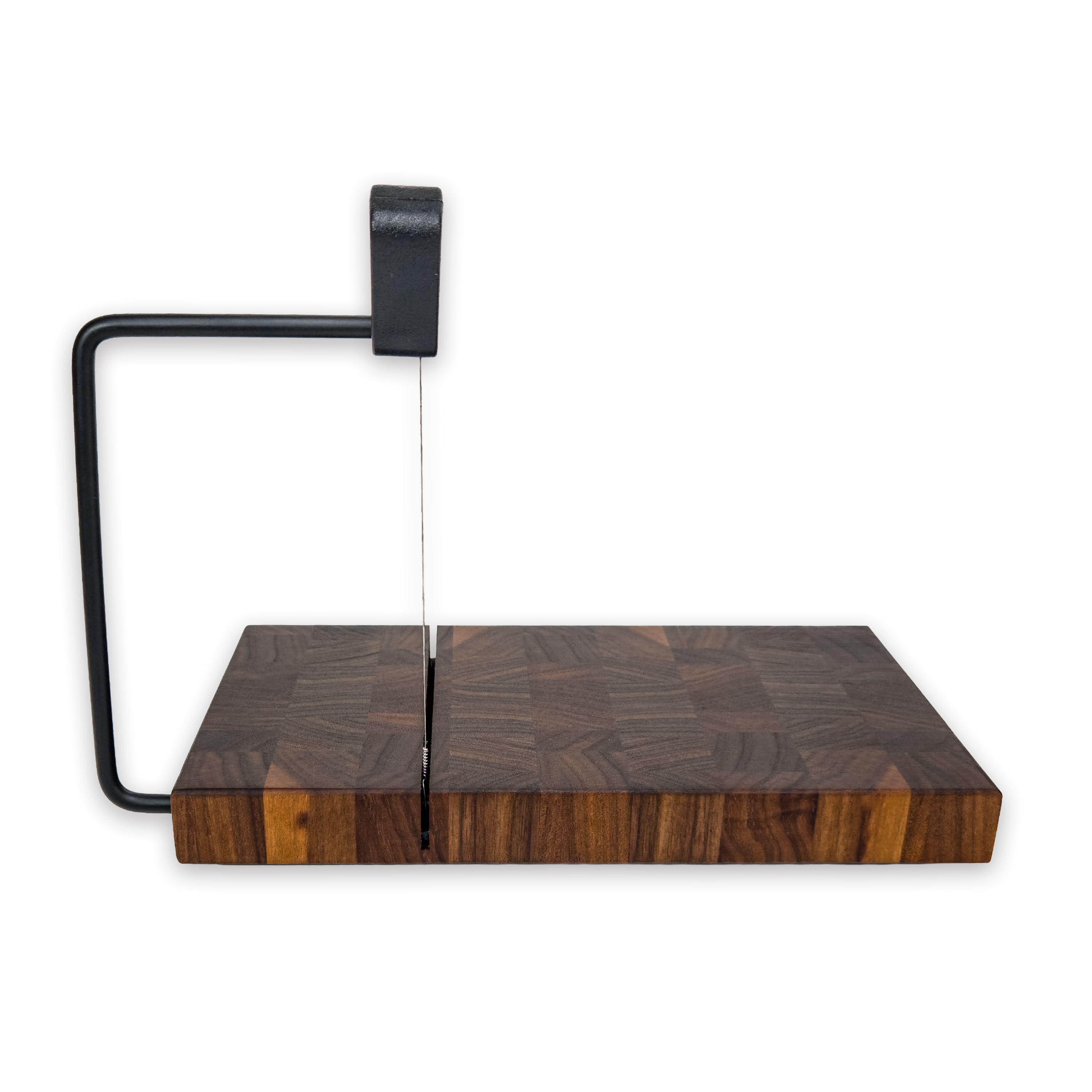 End grain solid walnut cheese slicer board with wire cutter, oiled hardwood